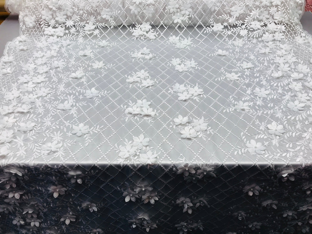 3D Floral Design - Ivory - Embroidered 3D Flowers on Triangle Net Mesh Sold By The Yard