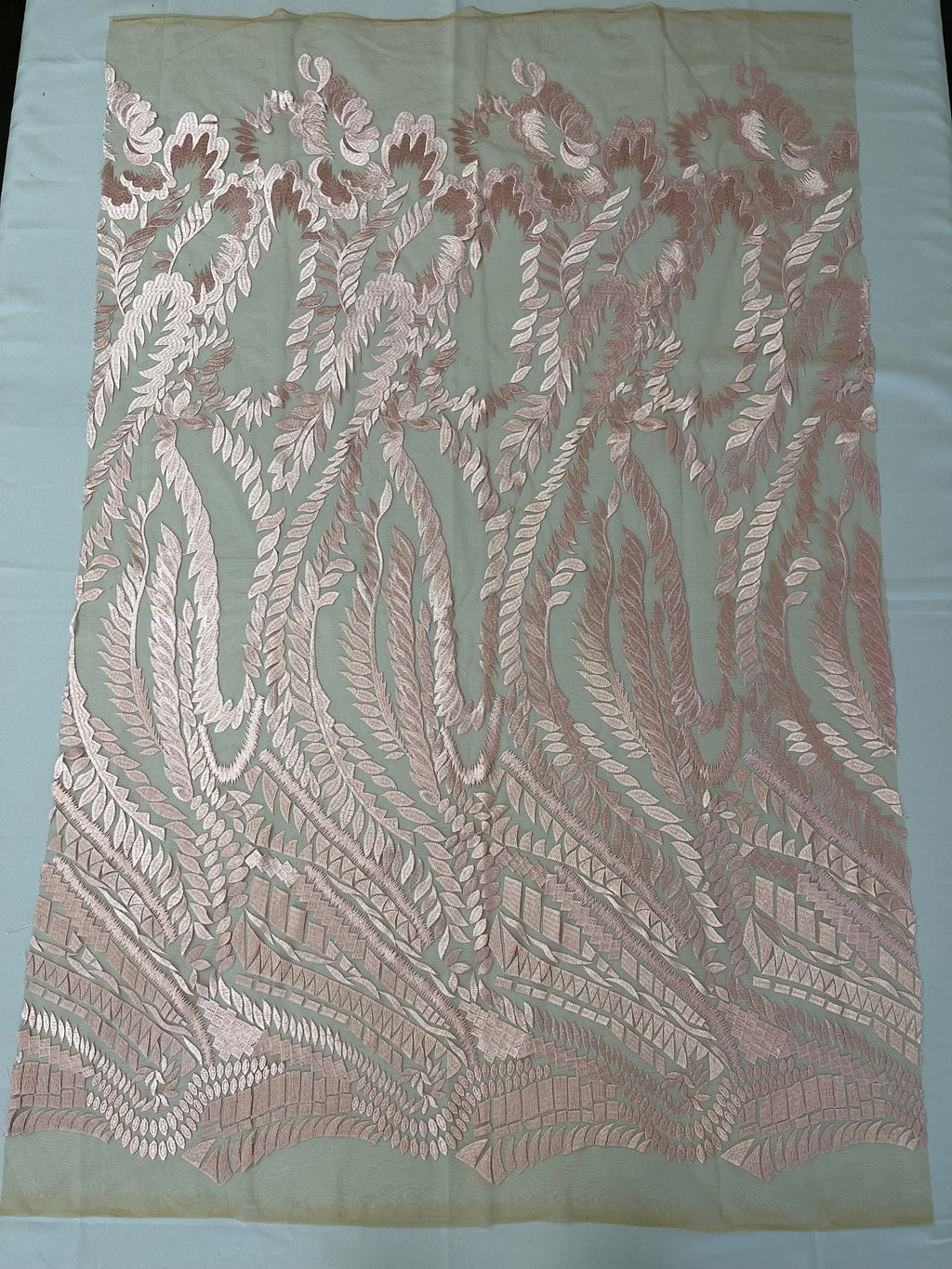 Leaf Pattern Fancy Lace Fabric - Blush Pink - Embroidered Design on Lace Mesh By Yard