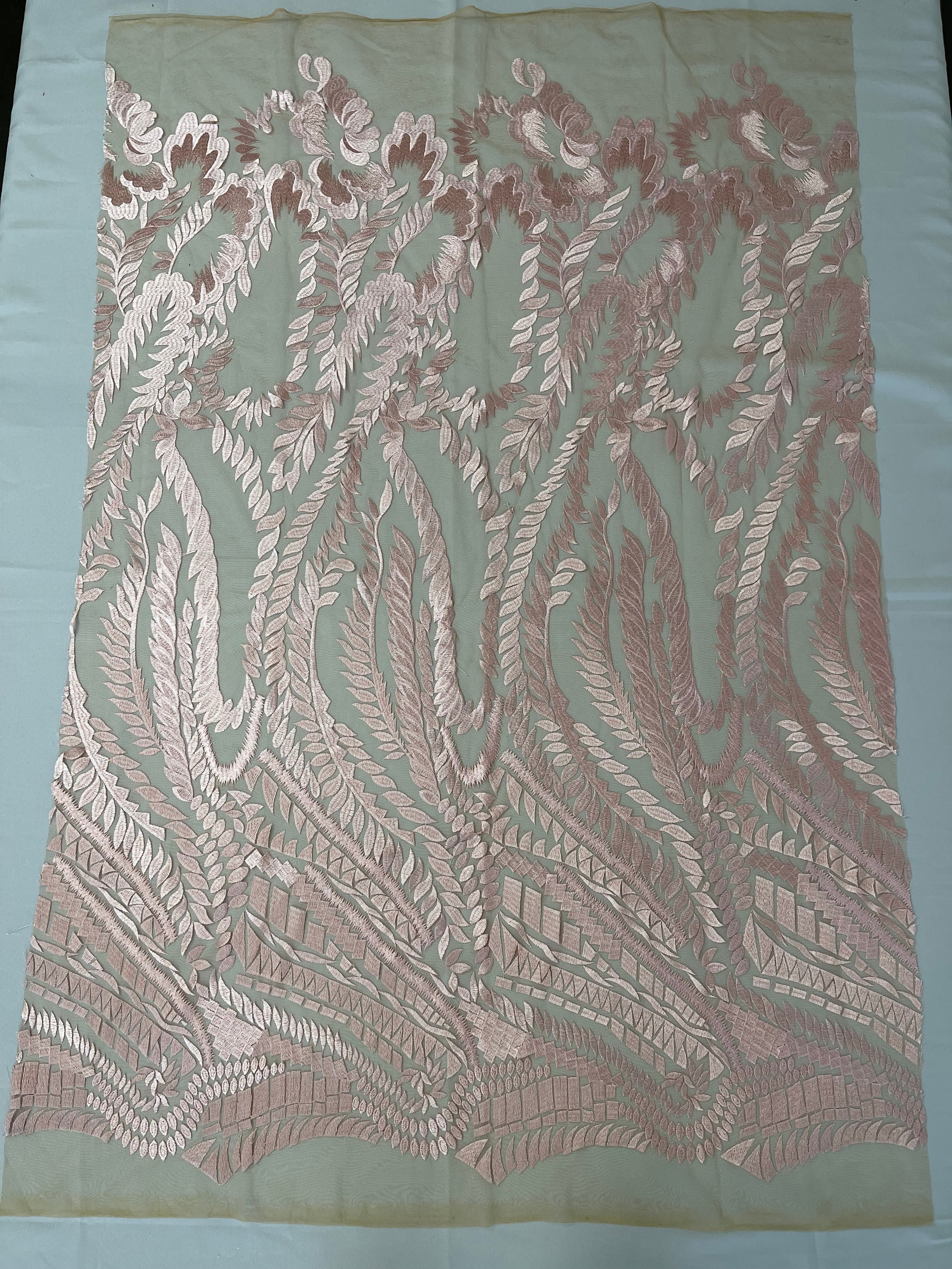 Leaf Pattern Fancy Lace Fabric - Blush Pink - Embroidered Design on Lace Mesh By Yard