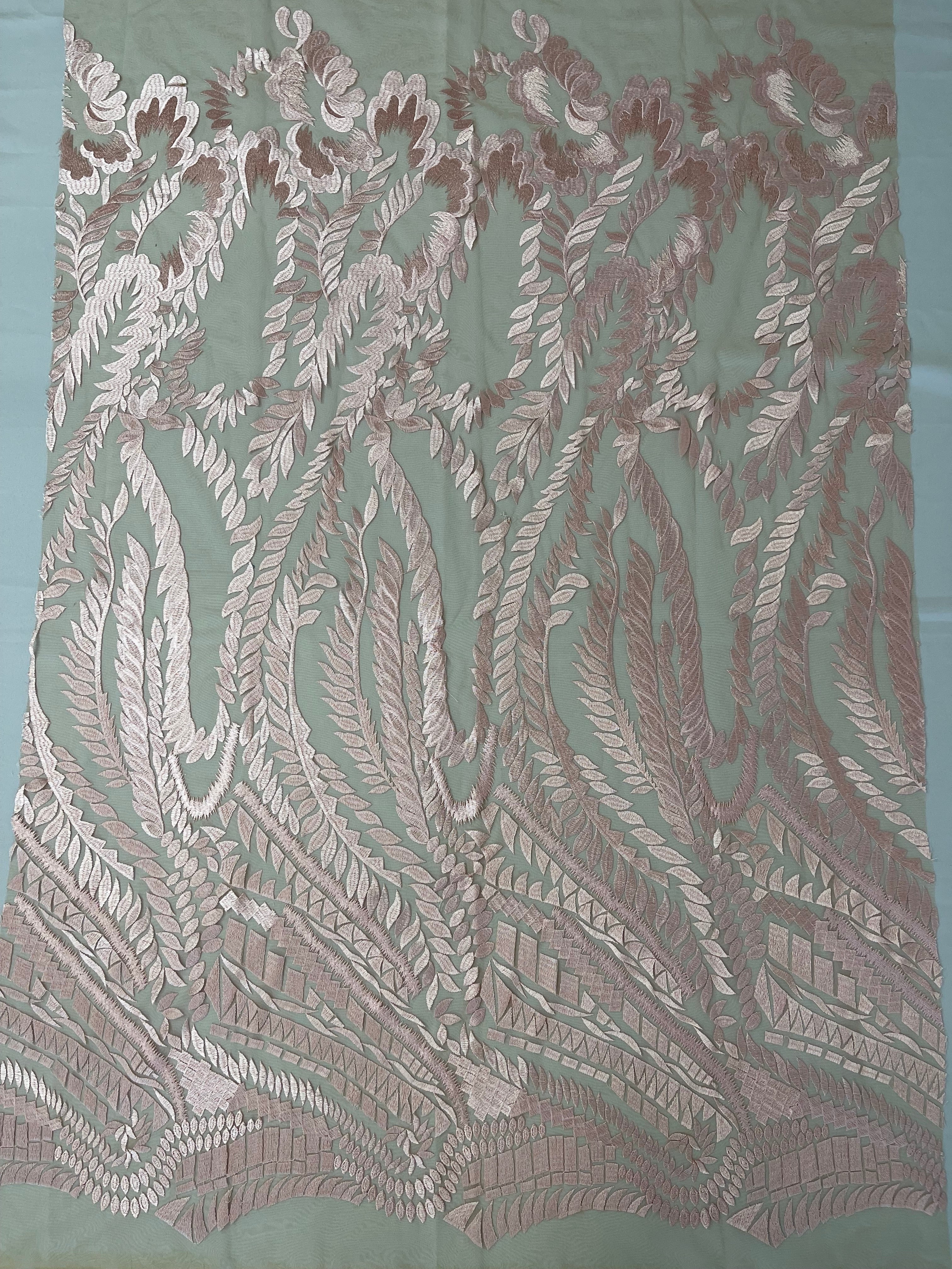 Leaf Pattern Fancy Lace Fabric - Blush Pink - Embroidered Design on Lace Mesh By Yard