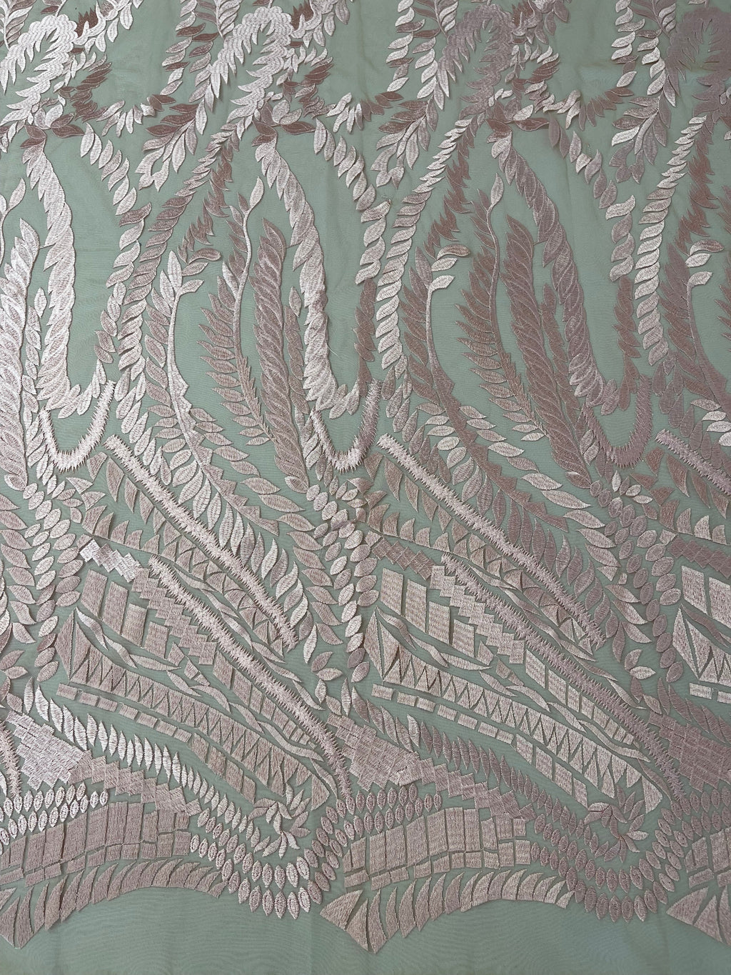 Leaf Pattern Fancy Lace Fabric - Blush Pink - Embroidered Design on Lace Mesh By Yard
