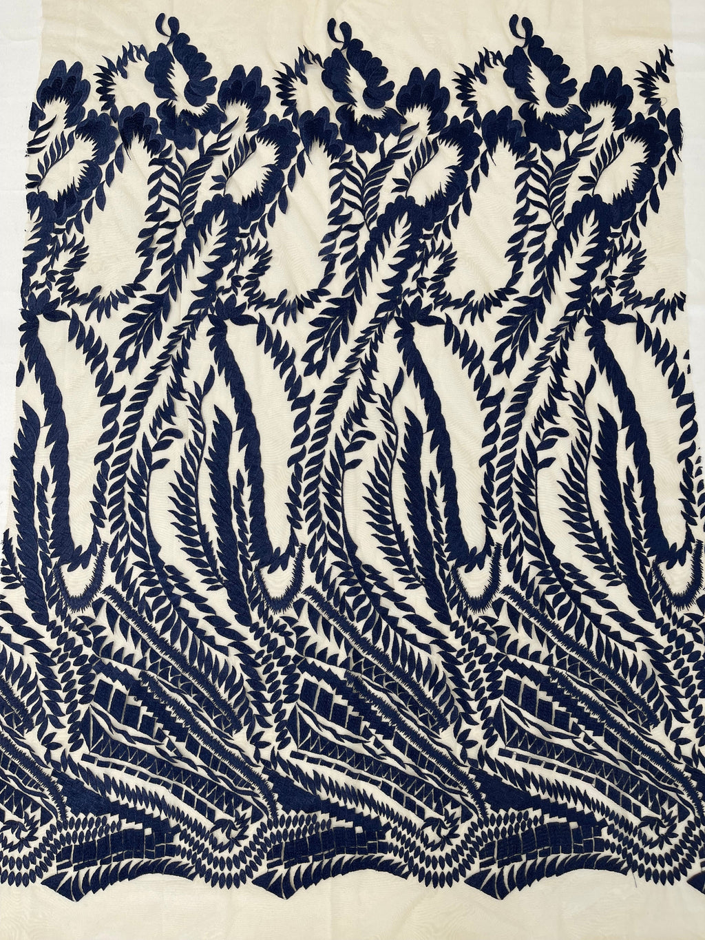 Leaf Pattern Fancy Lace Fabric - Navy Blue - Embroidered Design on Lace Mesh By Yard
