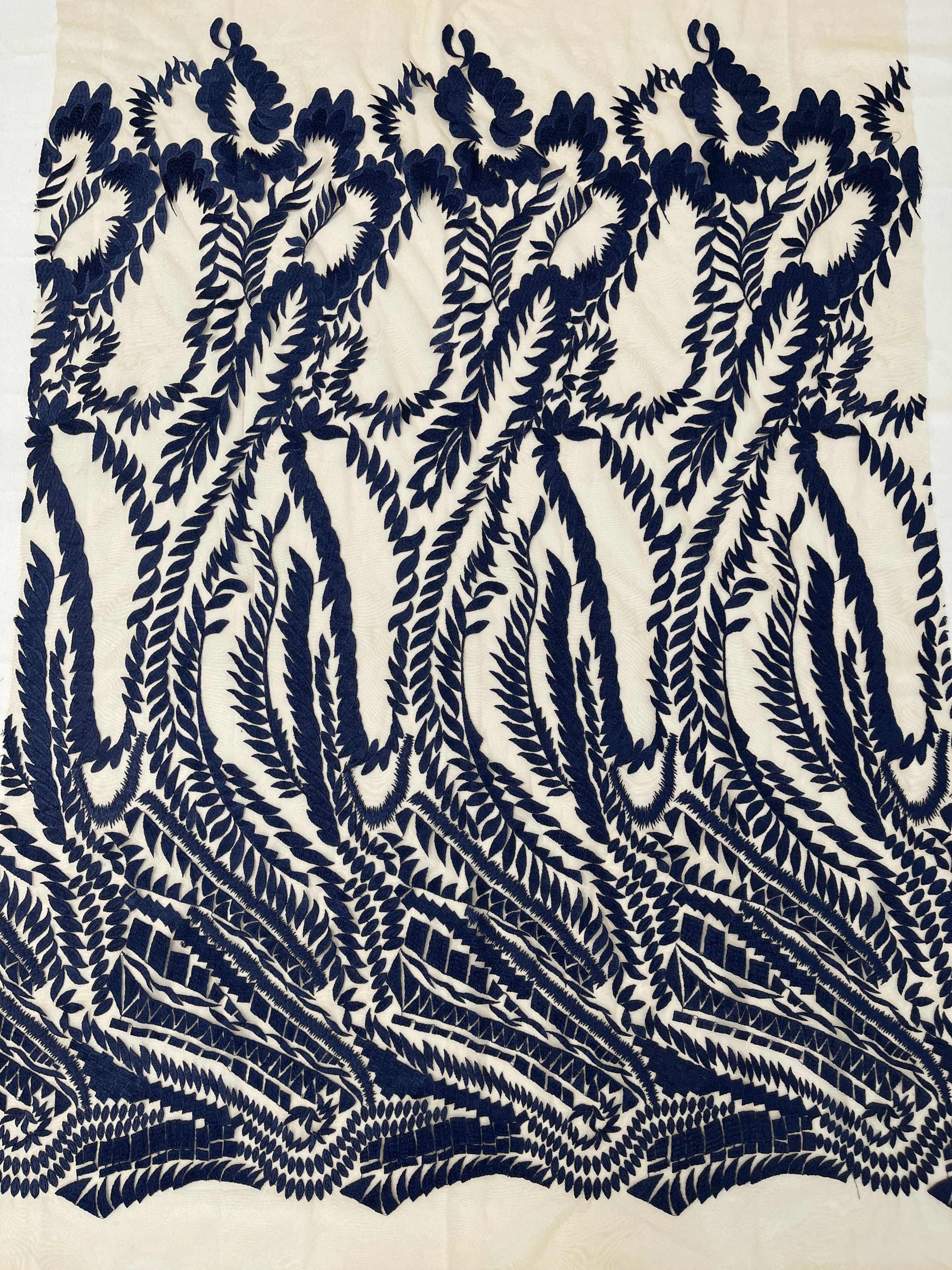 Leaf Pattern Fancy Lace Fabric - Navy Blue - Embroidered Design on Lace Mesh By Yard