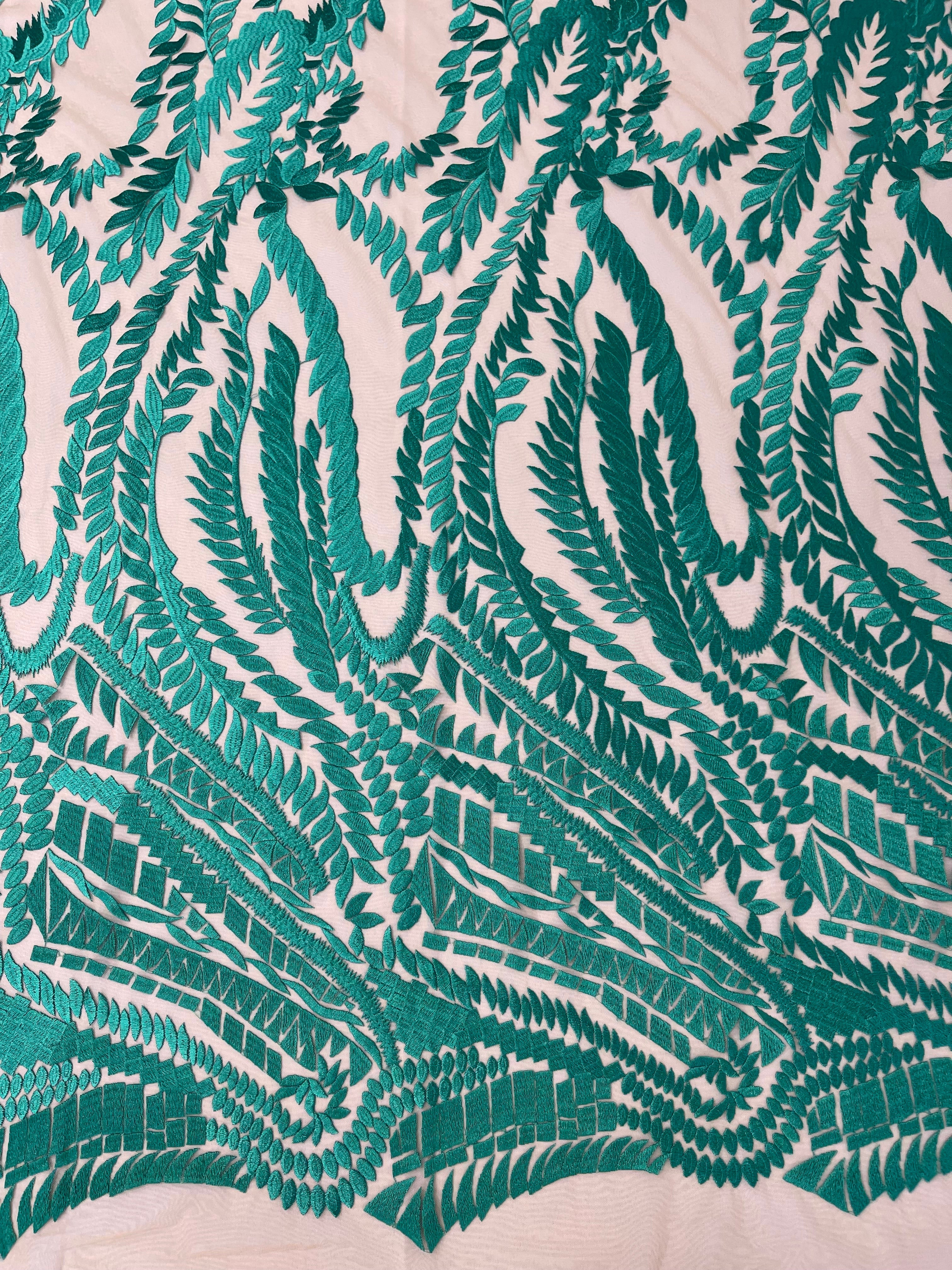 Leaf Pattern Fancy Lace Fabric - Aqua Green - Embroidered Design on Lace Mesh By Yard