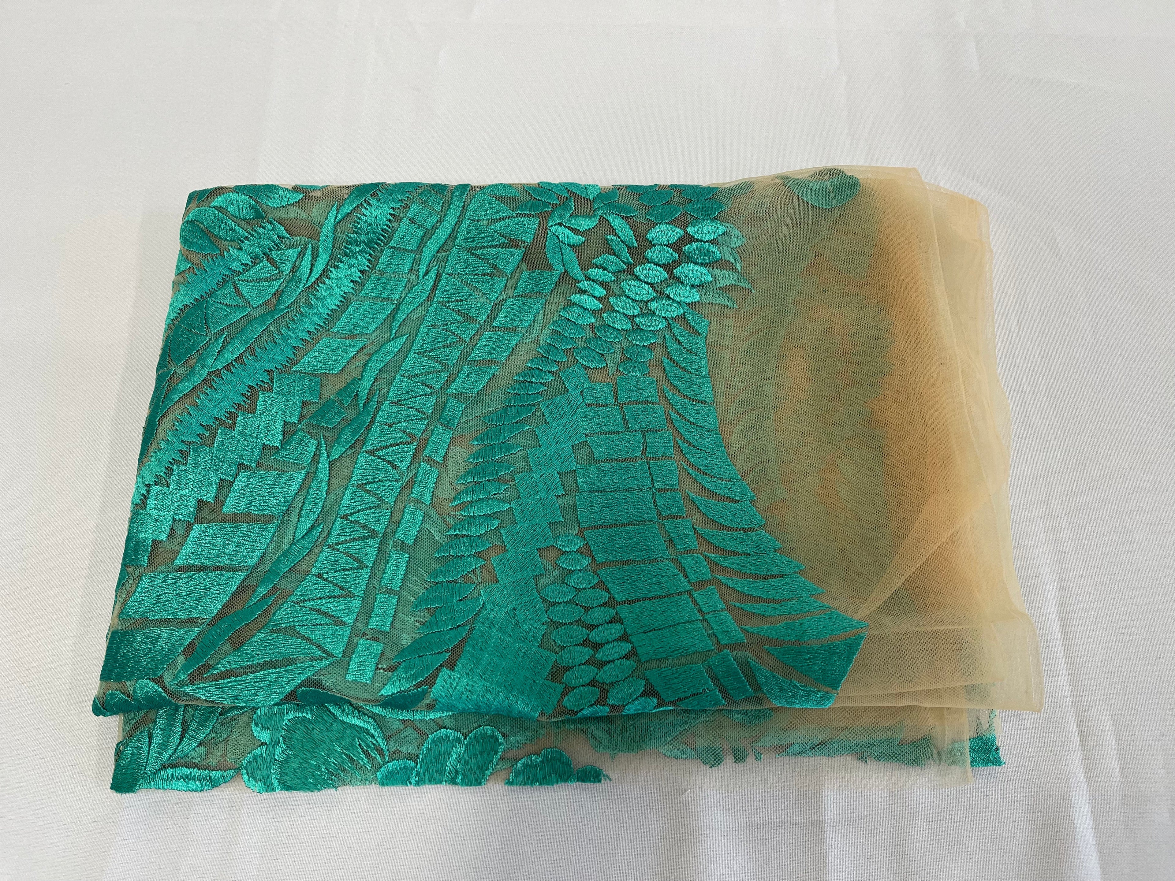 Leaf Pattern Fancy Lace Fabric - Aqua Green - Embroidered Design on Lace Mesh By Yard