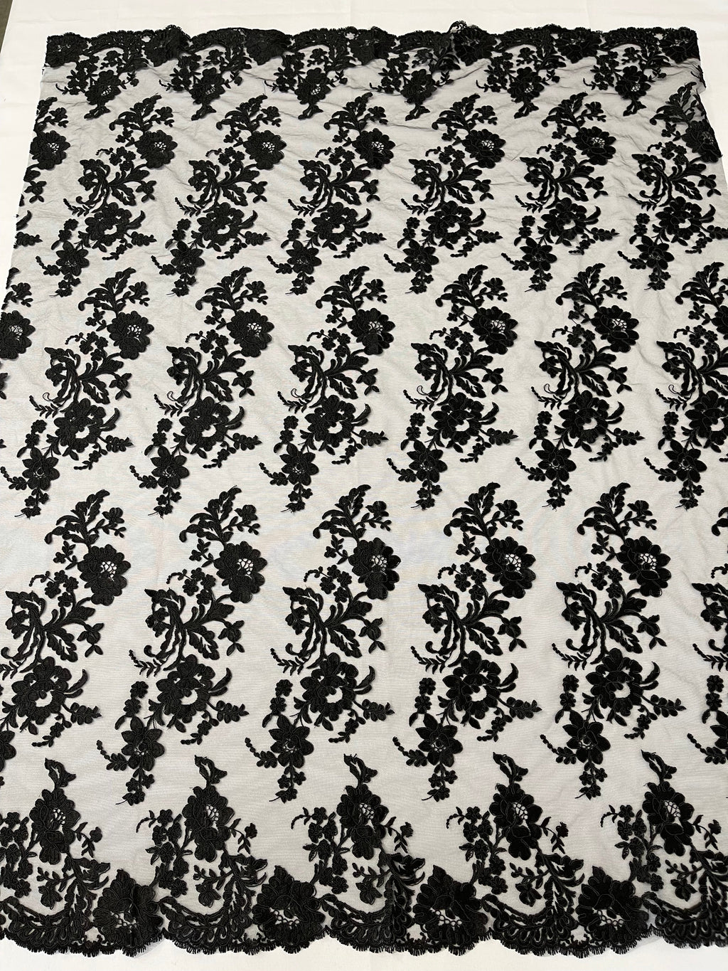 Flower Cluster Fancy Border Fabric - Black - Embroidered Flower Design on Lace Mesh By Yard