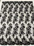 Flower Cluster Fancy Border Fabric - Black - Embroidered Flower Design on Lace Mesh By Yard