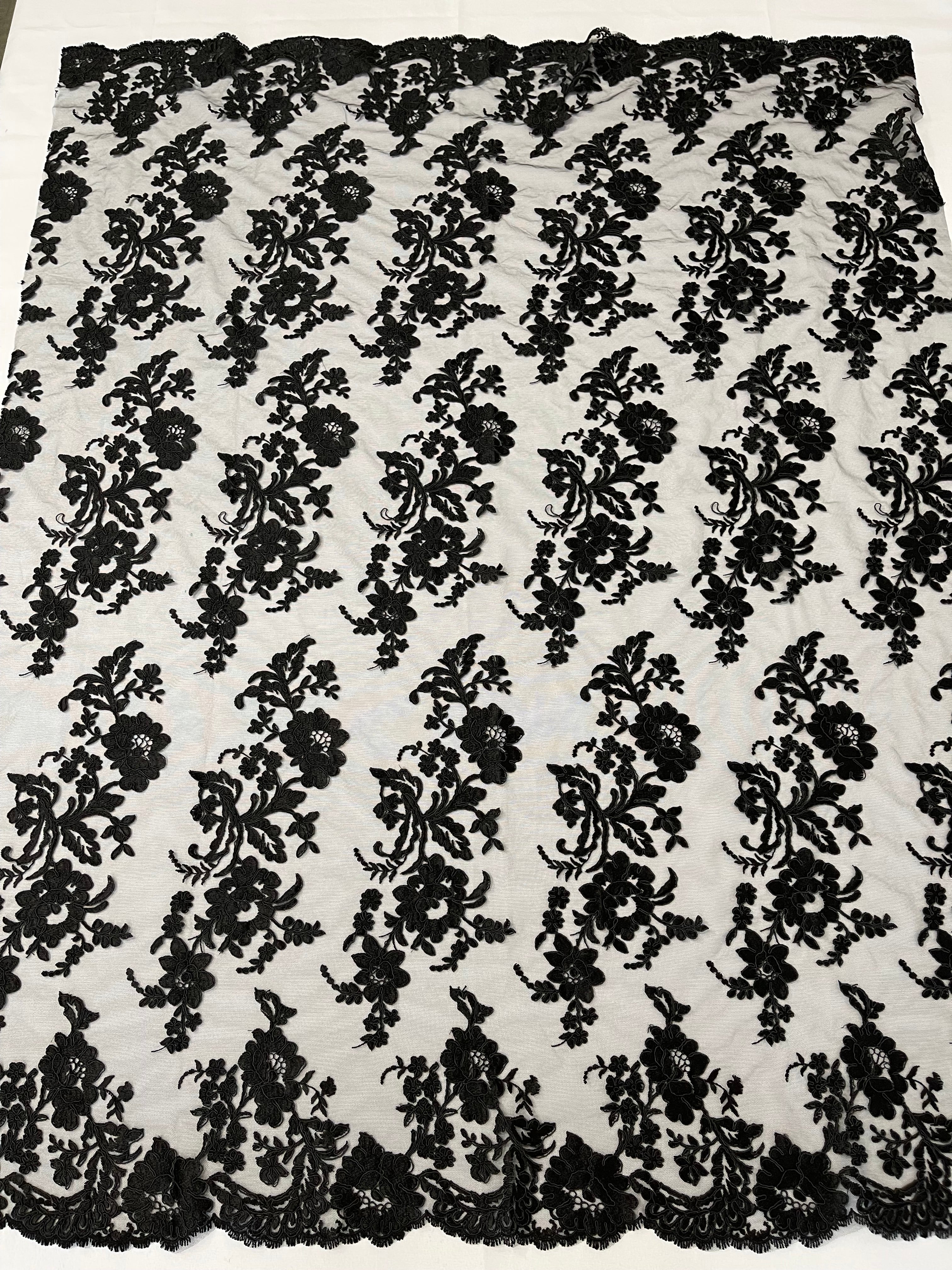 Flower Cluster Fancy Border Fabric - Black - Embroidered Flower Design on Lace Mesh By Yard