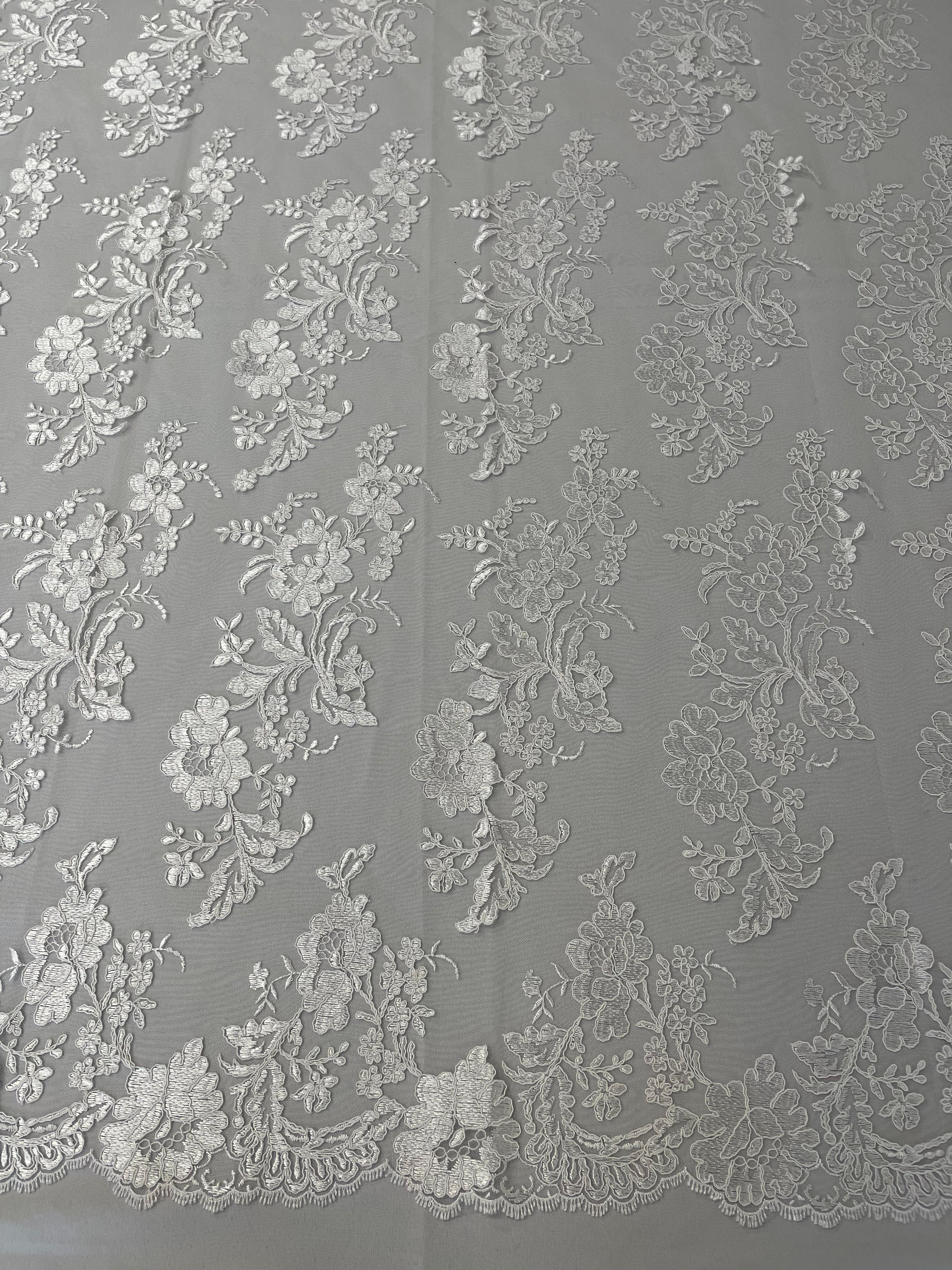 Flower Cluster Fancy Border Fabric - White - Embroidered Flower Design on Lace Mesh By Yard