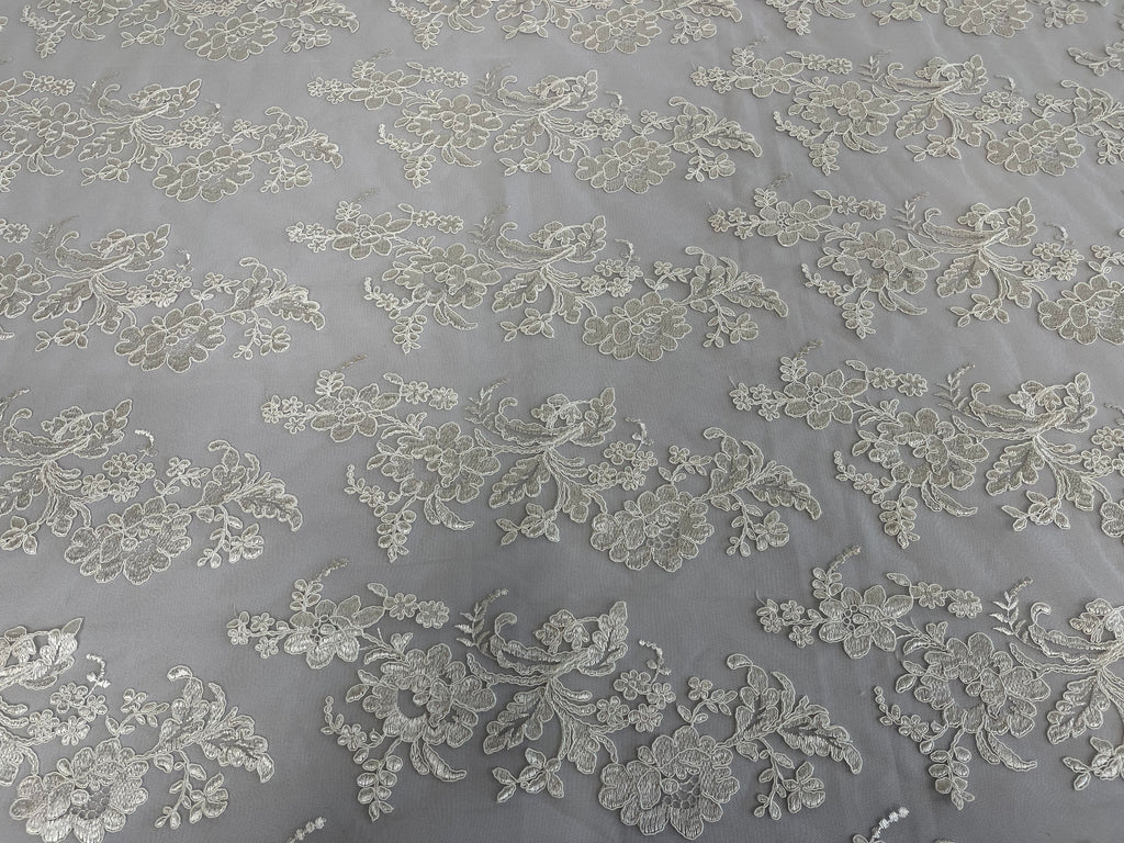 Flower Cluster Fancy Border Fabric - Off-White - Embroidered Flower Design on Lace Mesh By Yard