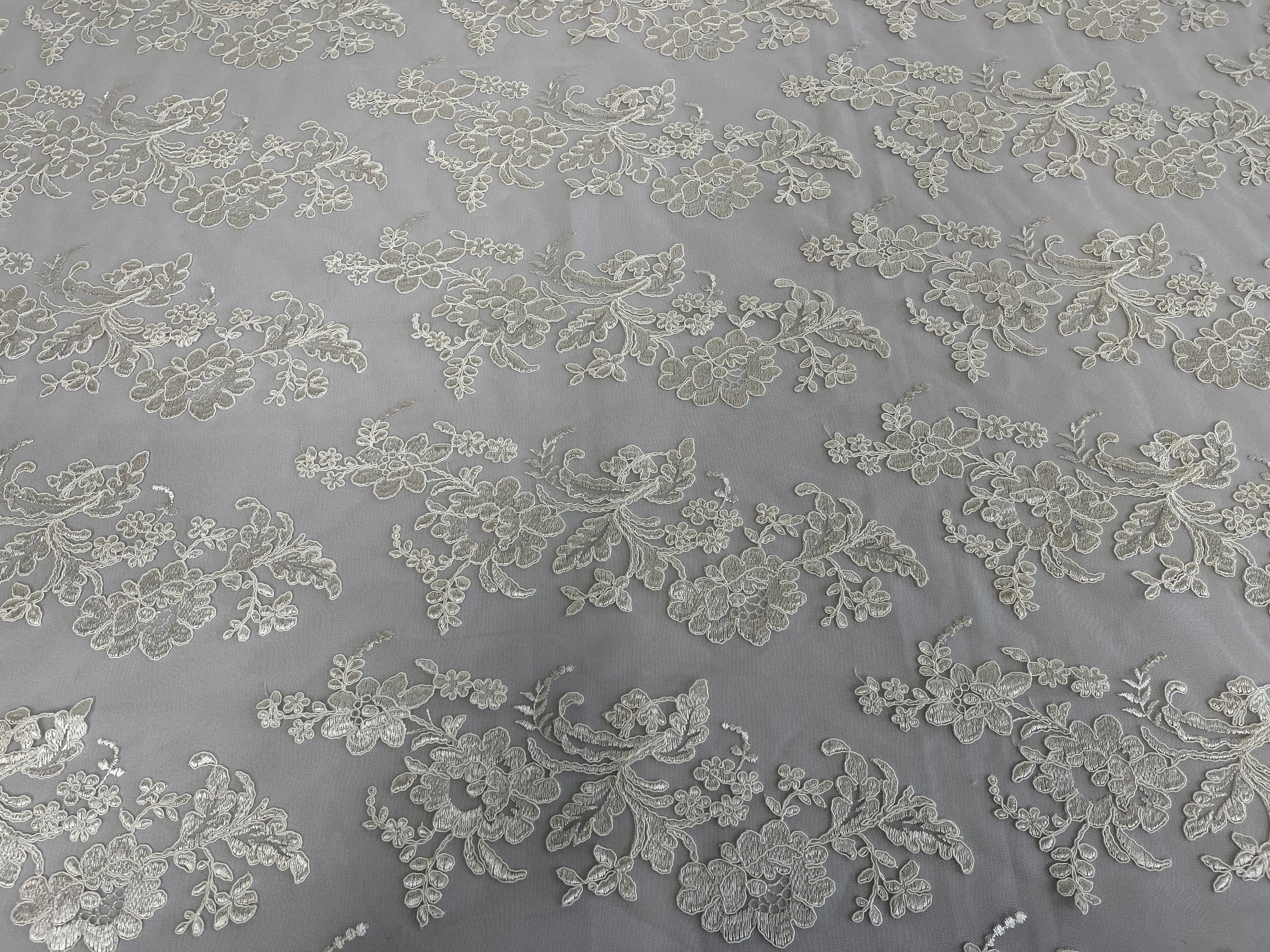 Flower Cluster Fancy Border Fabric - Off-White - Embroidered Flower Design on Lace Mesh By Yard