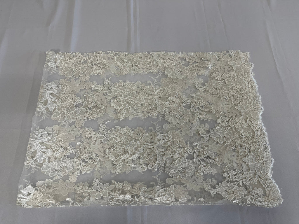 Flower Cluster Fancy Border Fabric - Off-White - Embroidered Flower Design on Lace Mesh By Yard