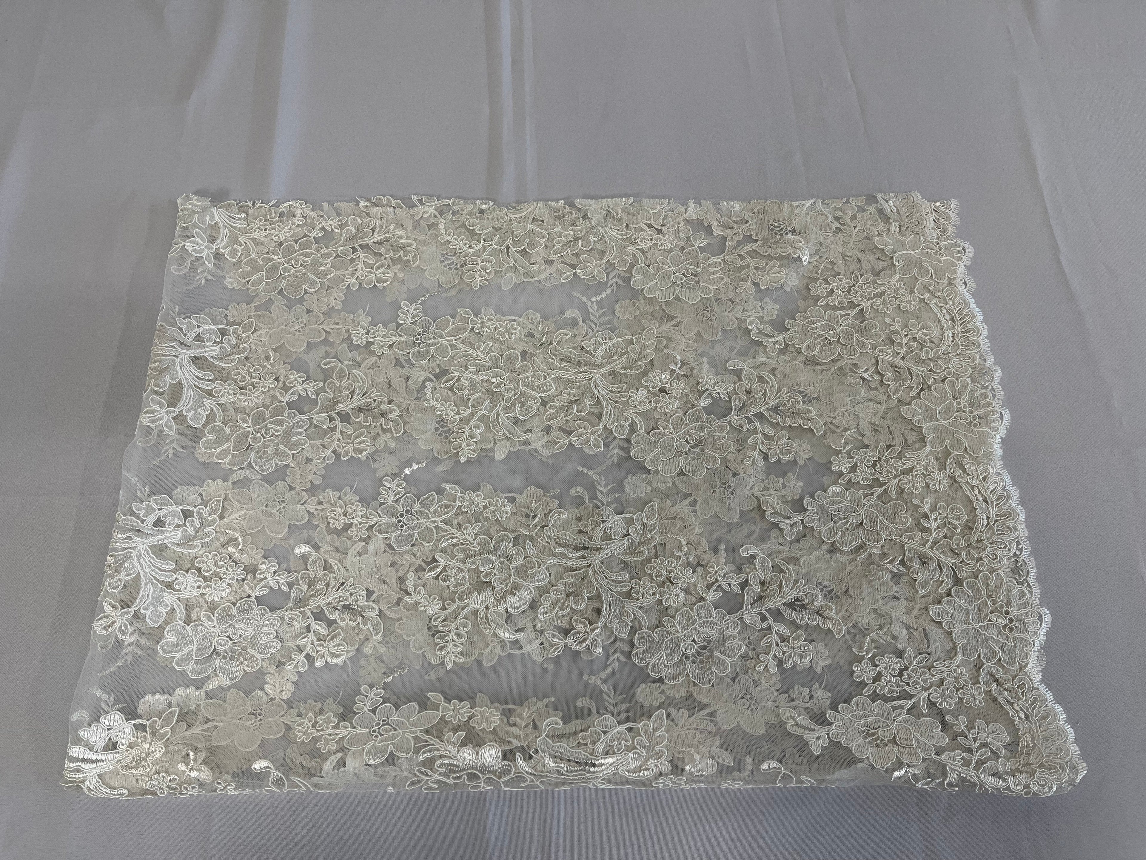 Flower Cluster Fancy Border Fabric - Off-White - Embroidered Flower Design on Lace Mesh By Yard