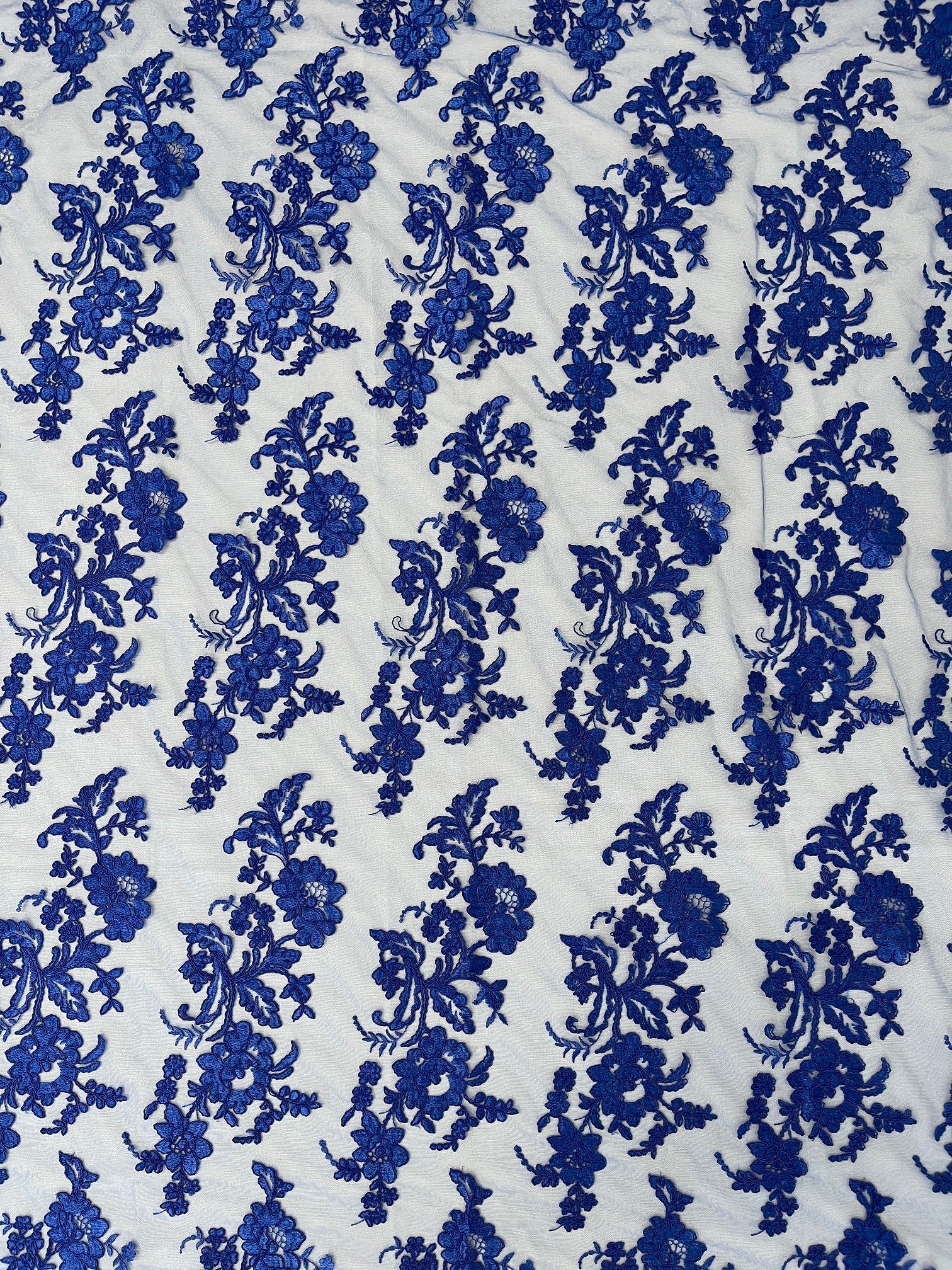 Flower Cluster Fancy Border Fabric - Royal Blue - Embroidered Flower Design on Lace Mesh By Yard