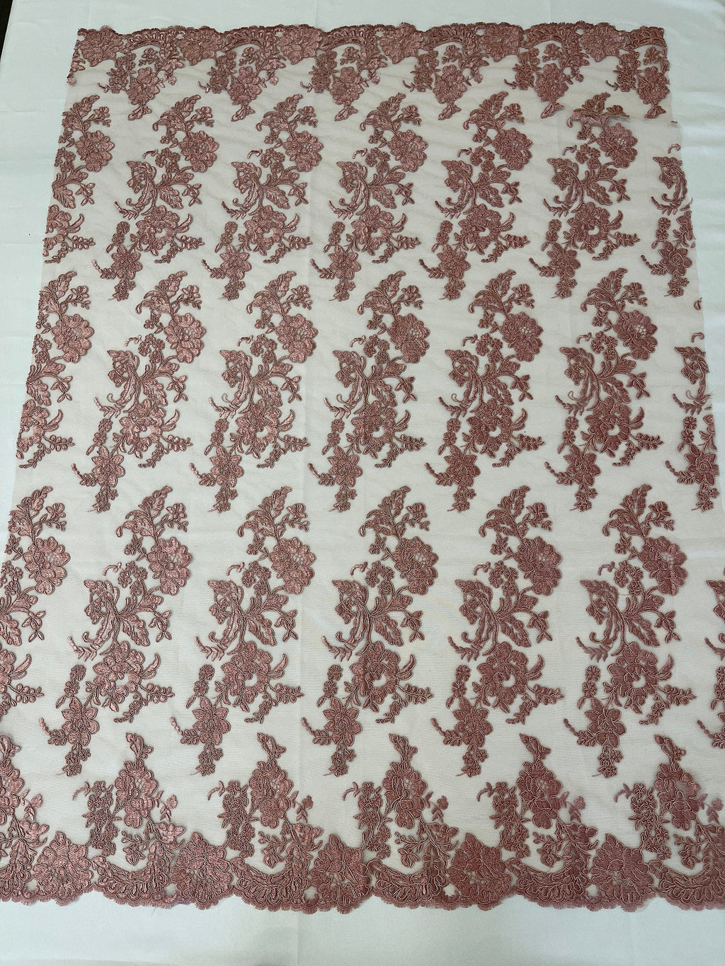 Flower Cluster Fancy Border Fabric - Dusty Rose - Embroidered Flower Design on Lace Mesh By Yard
