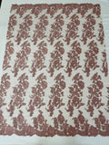 Flower Cluster Fancy Border Fabric - Dusty Rose - Embroidered Flower Design on Lace Mesh By Yard