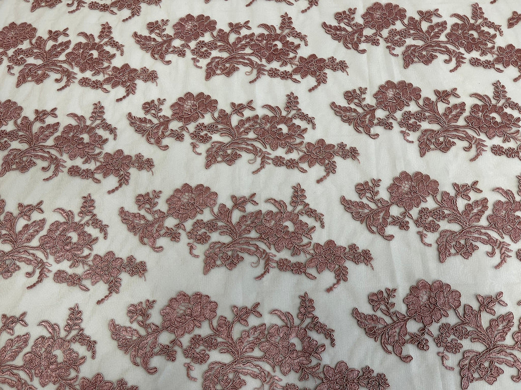 Flower Cluster Fancy Border Fabric - Dusty Rose - Embroidered Flower Design on Lace Mesh By Yard