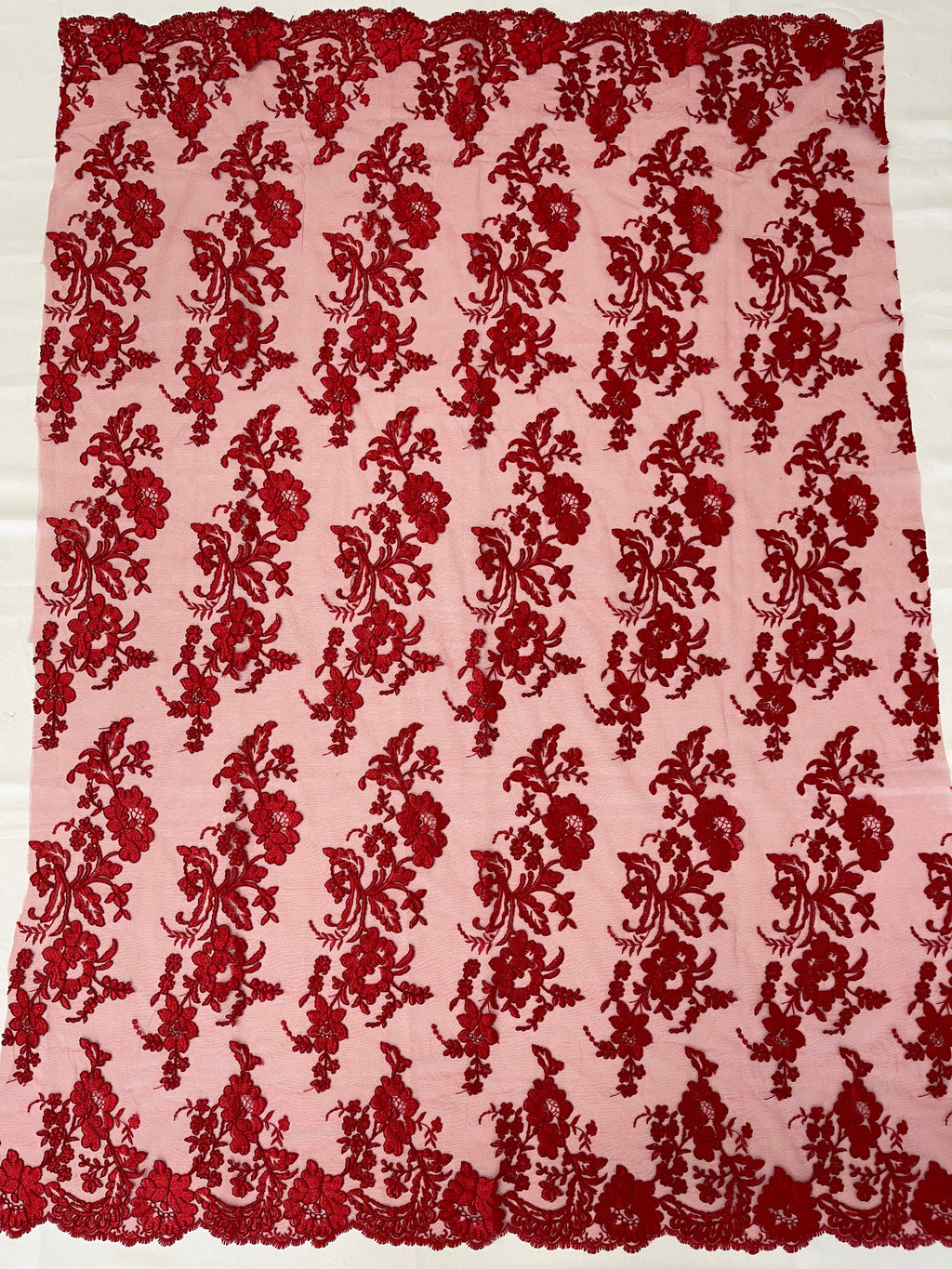 Flower Cluster Fancy Border Fabric - Red - Embroidered Flower Design on Lace Mesh By Yard