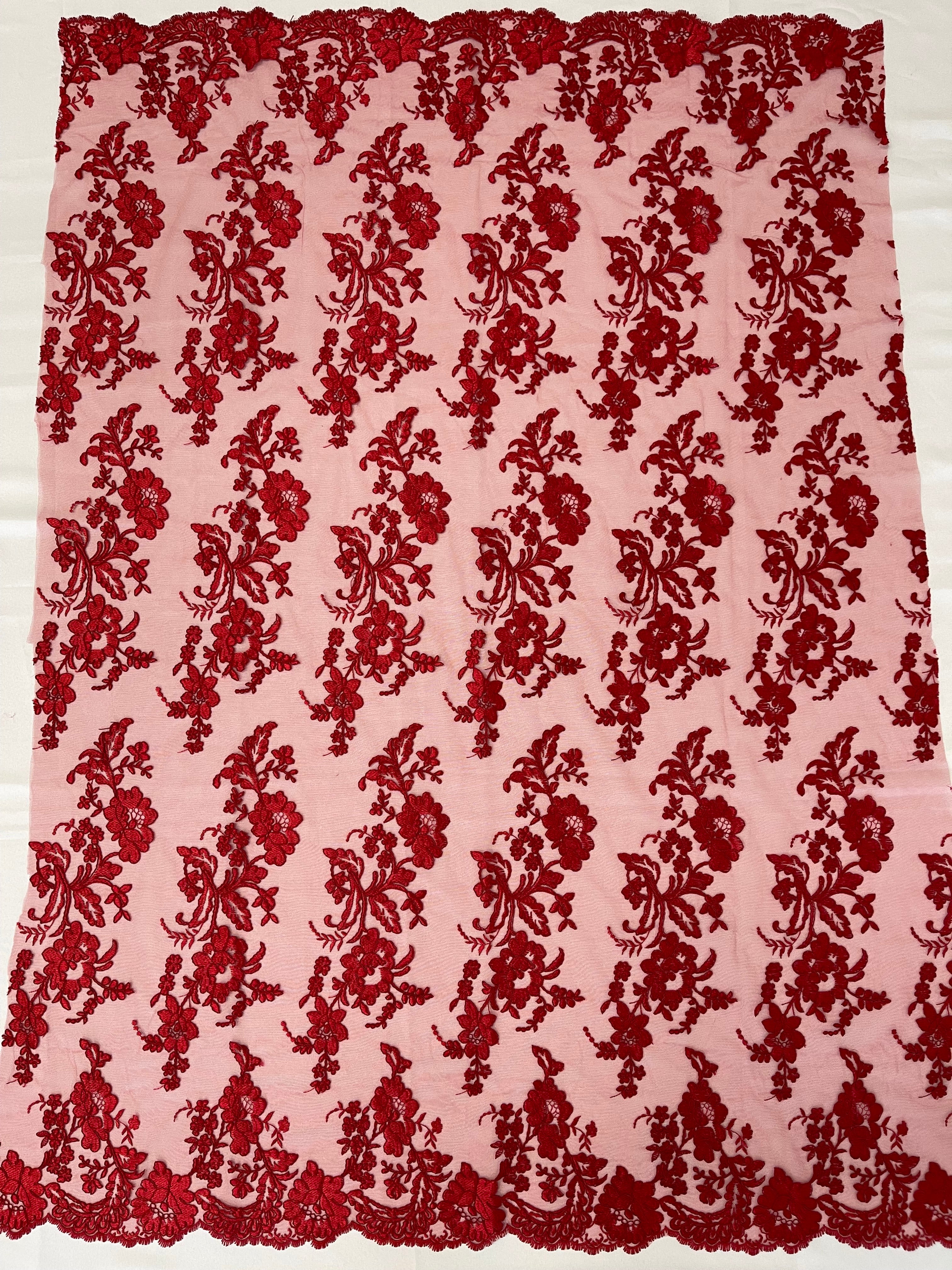 Flower Cluster Fancy Border Fabric - Red - Embroidered Flower Design on Lace Mesh By Yard