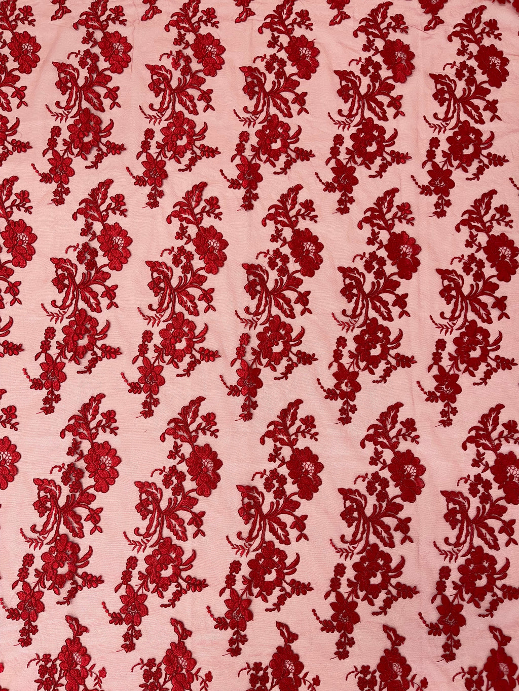 Flower Cluster Fancy Border Fabric - Red - Embroidered Flower Design on Lace Mesh By Yard