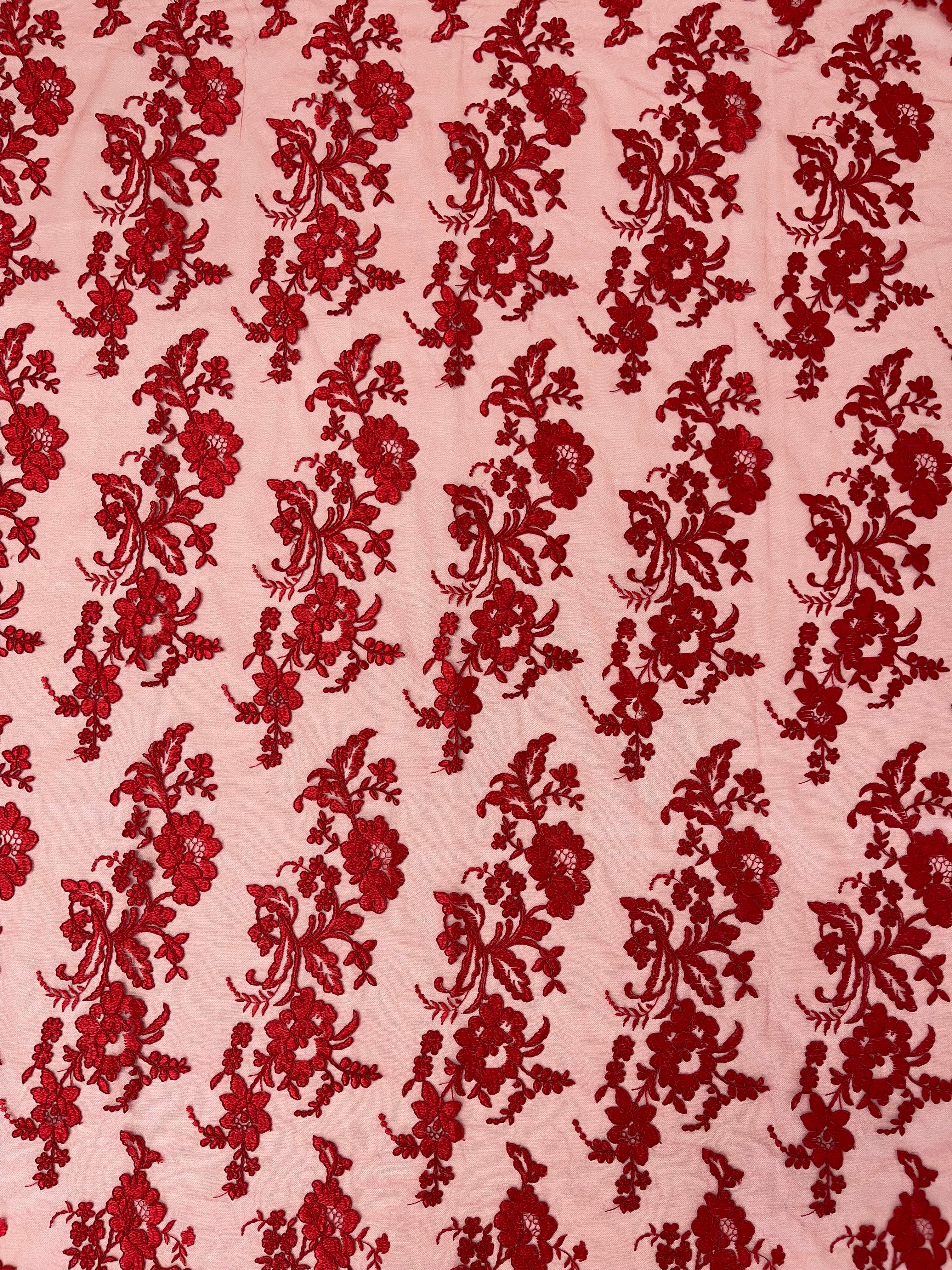 Flower Cluster Fancy Border Fabric - Red - Embroidered Flower Design on Lace Mesh By Yard