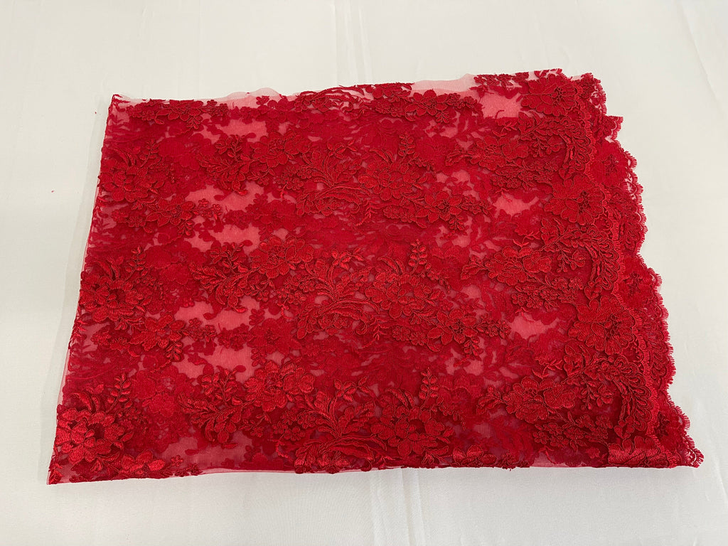 Flower Cluster Fancy Border Fabric - Red - Embroidered Flower Design on Lace Mesh By Yard