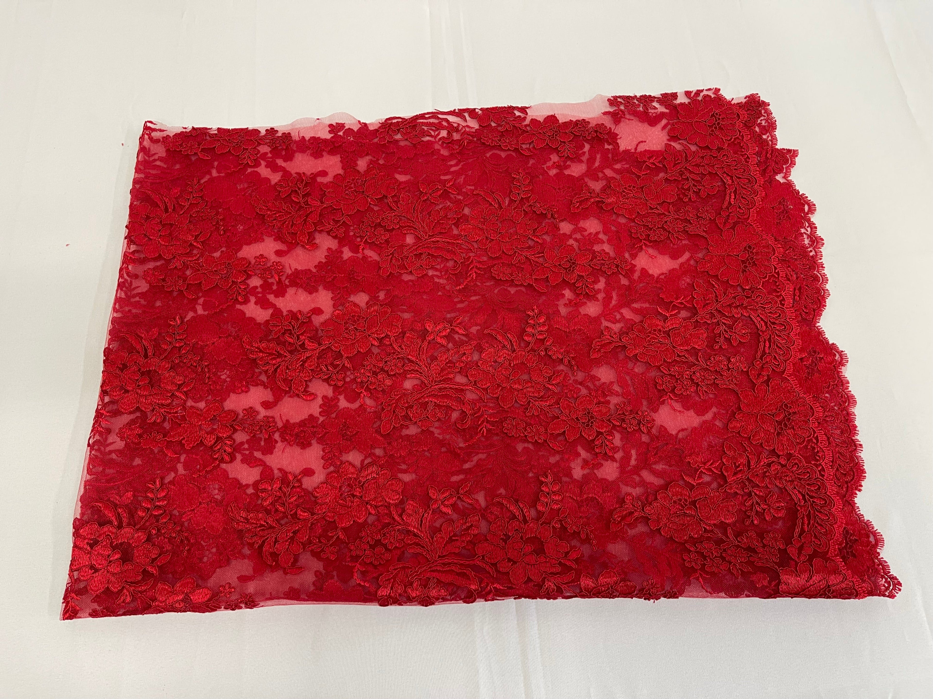 Flower Cluster Fancy Border Fabric - Red - Embroidered Flower Design on Lace Mesh By Yard