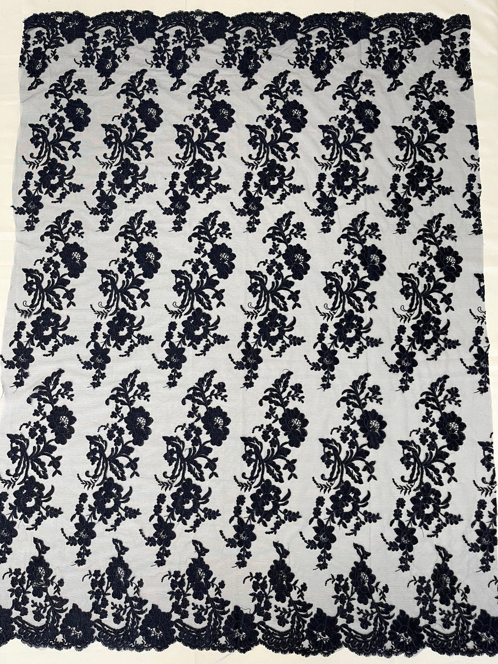 Flower Cluster Fancy Border Fabric - Navy Blue - Embroidered Flower Design on Lace Mesh By Yard