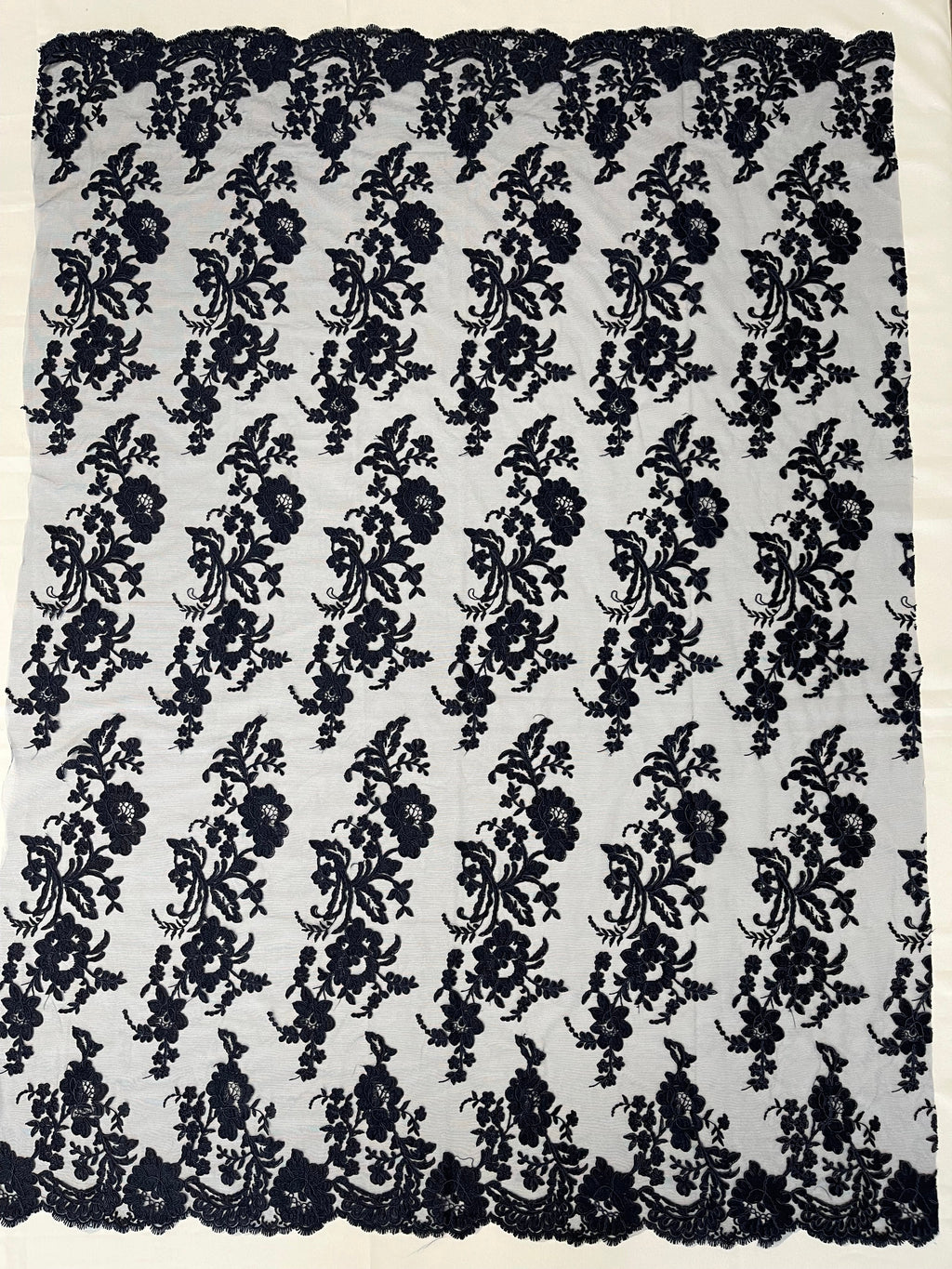 Flower Cluster Fancy Border Fabric - Navy Blue - Embroidered Flower Design on Lace Mesh By Yard