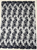 Flower Cluster Fancy Border Fabric - Navy Blue - Embroidered Flower Design on Lace Mesh By Yard