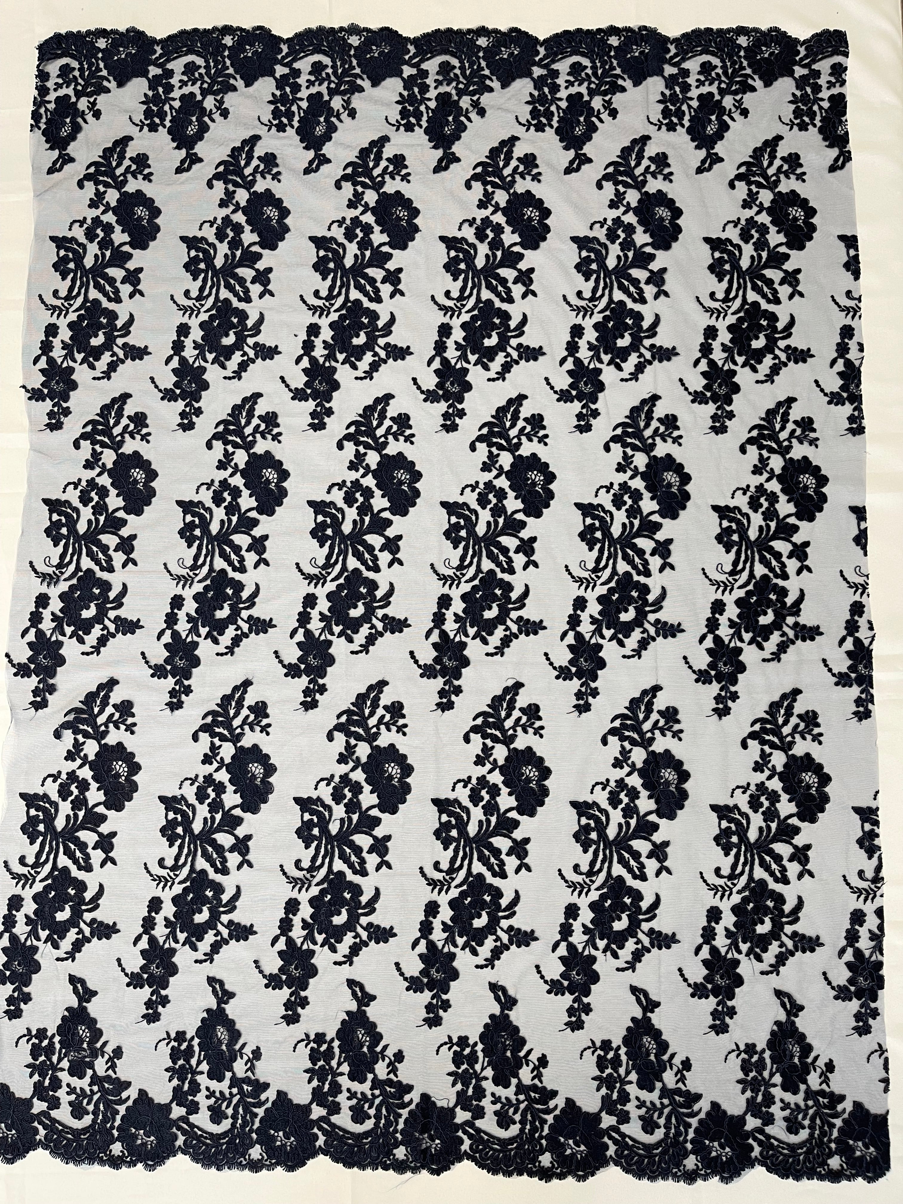 Flower Cluster Fancy Border Fabric - Navy Blue - Embroidered Flower Design on Lace Mesh By Yard