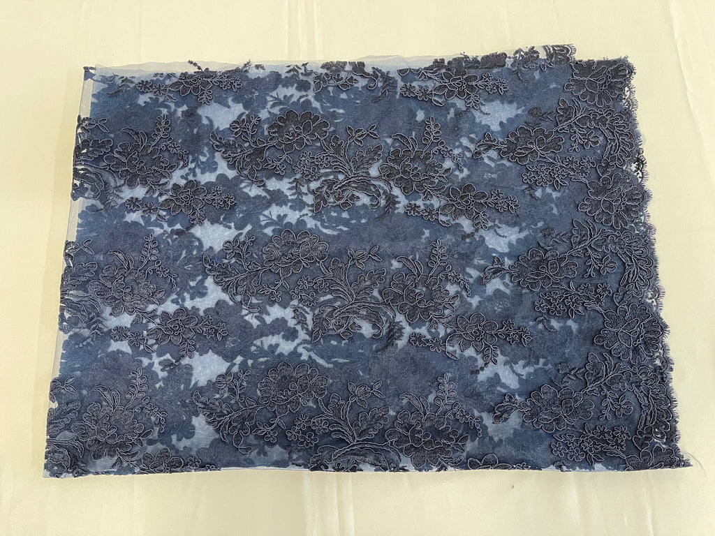 Flower Cluster Fancy Border Fabric - Navy Blue - Embroidered Flower Design on Lace Mesh By Yard