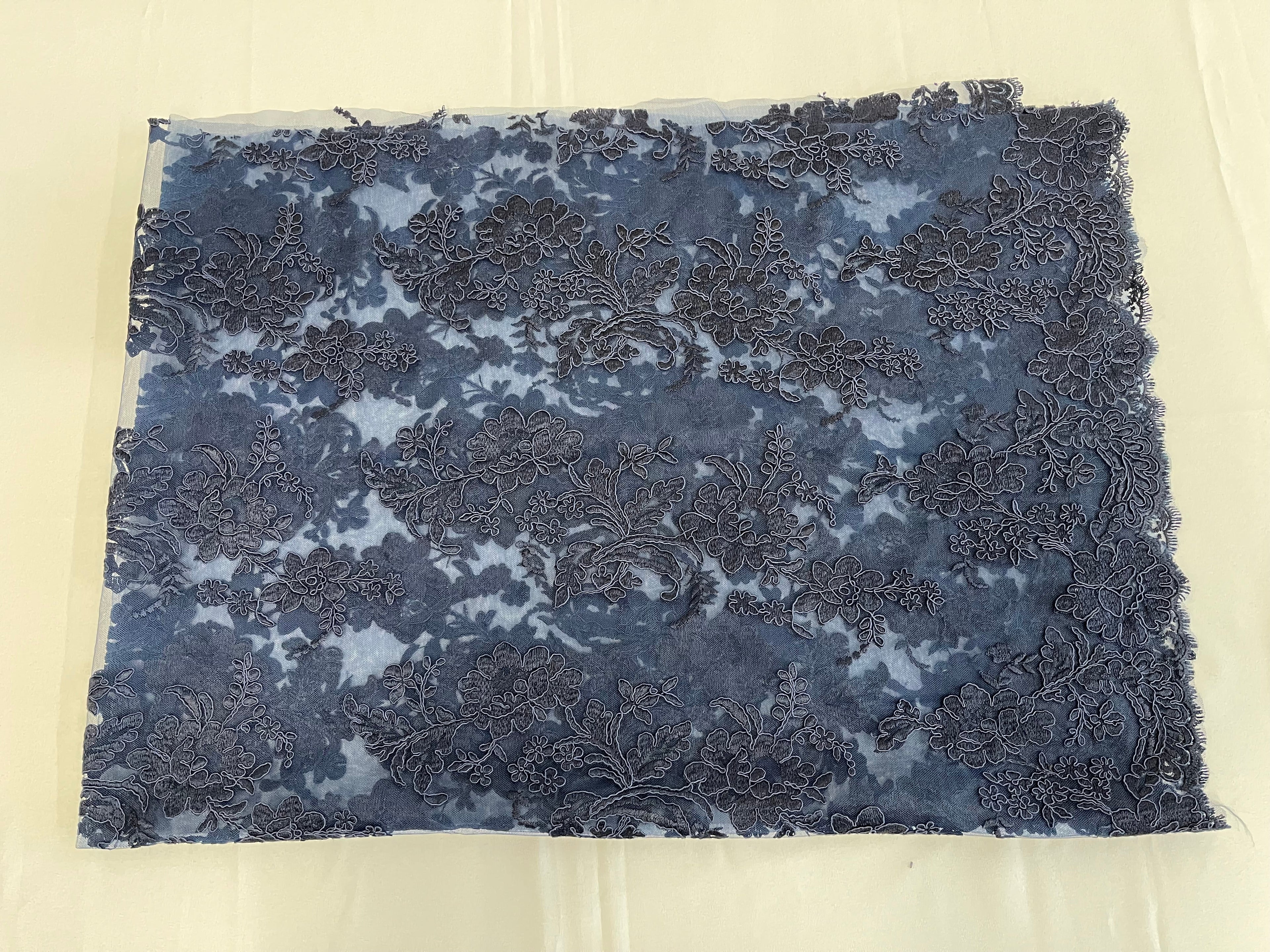 Flower Cluster Fancy Border Fabric - Navy Blue - Embroidered Flower Design on Lace Mesh By Yard