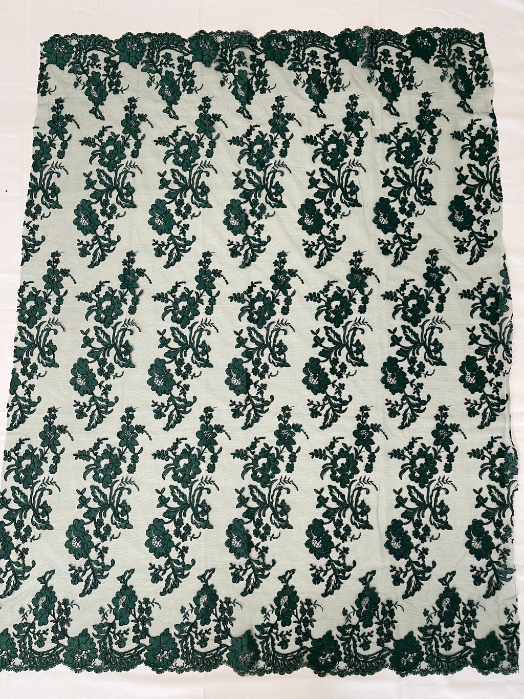 Flower Cluster Fancy Border Fabric - Hunter Green - Embroidered Flower Design on Lace Mesh By Yard