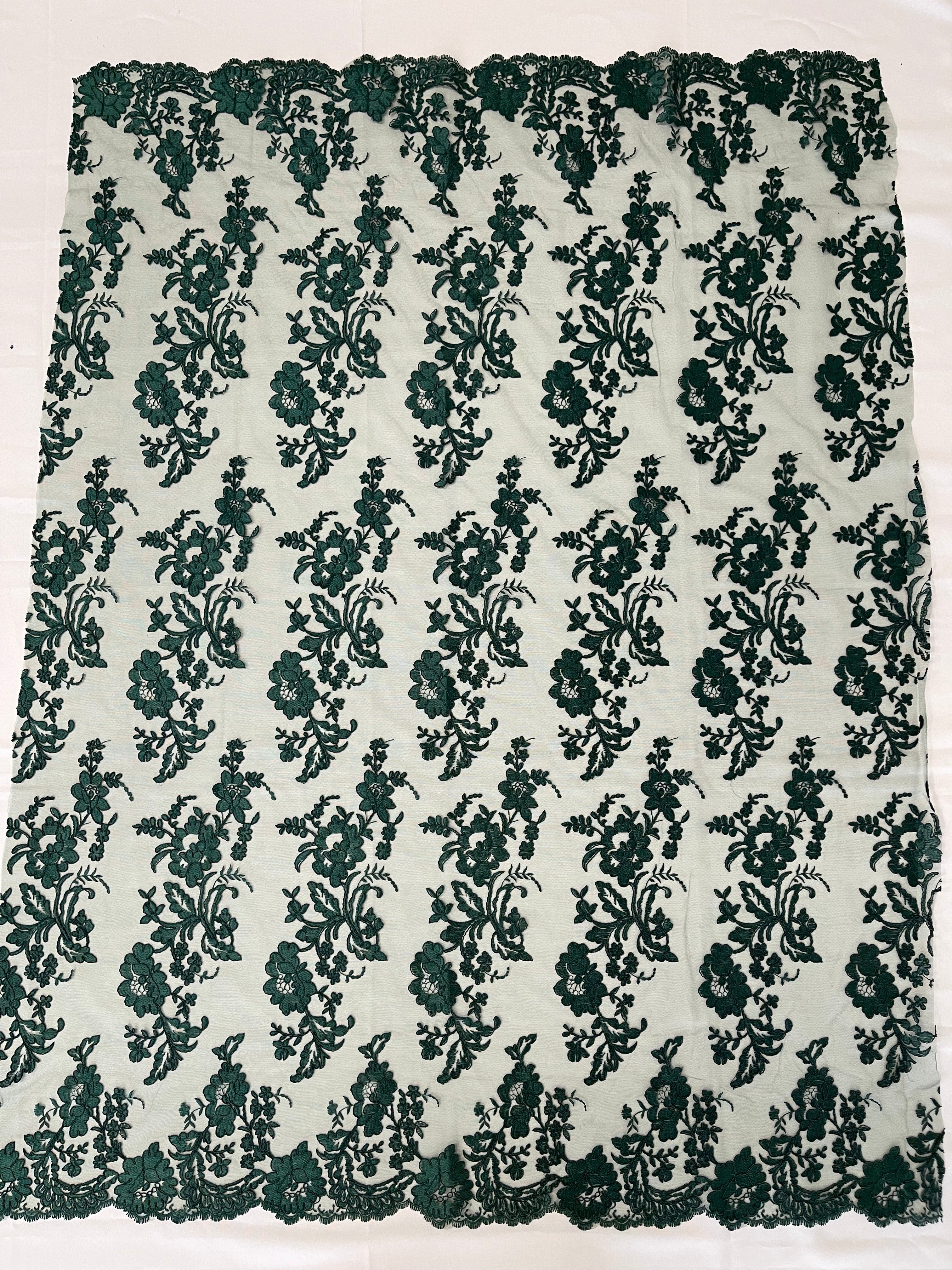 Flower Cluster Fancy Border Fabric - Hunter Green - Embroidered Flower Design on Lace Mesh By Yard