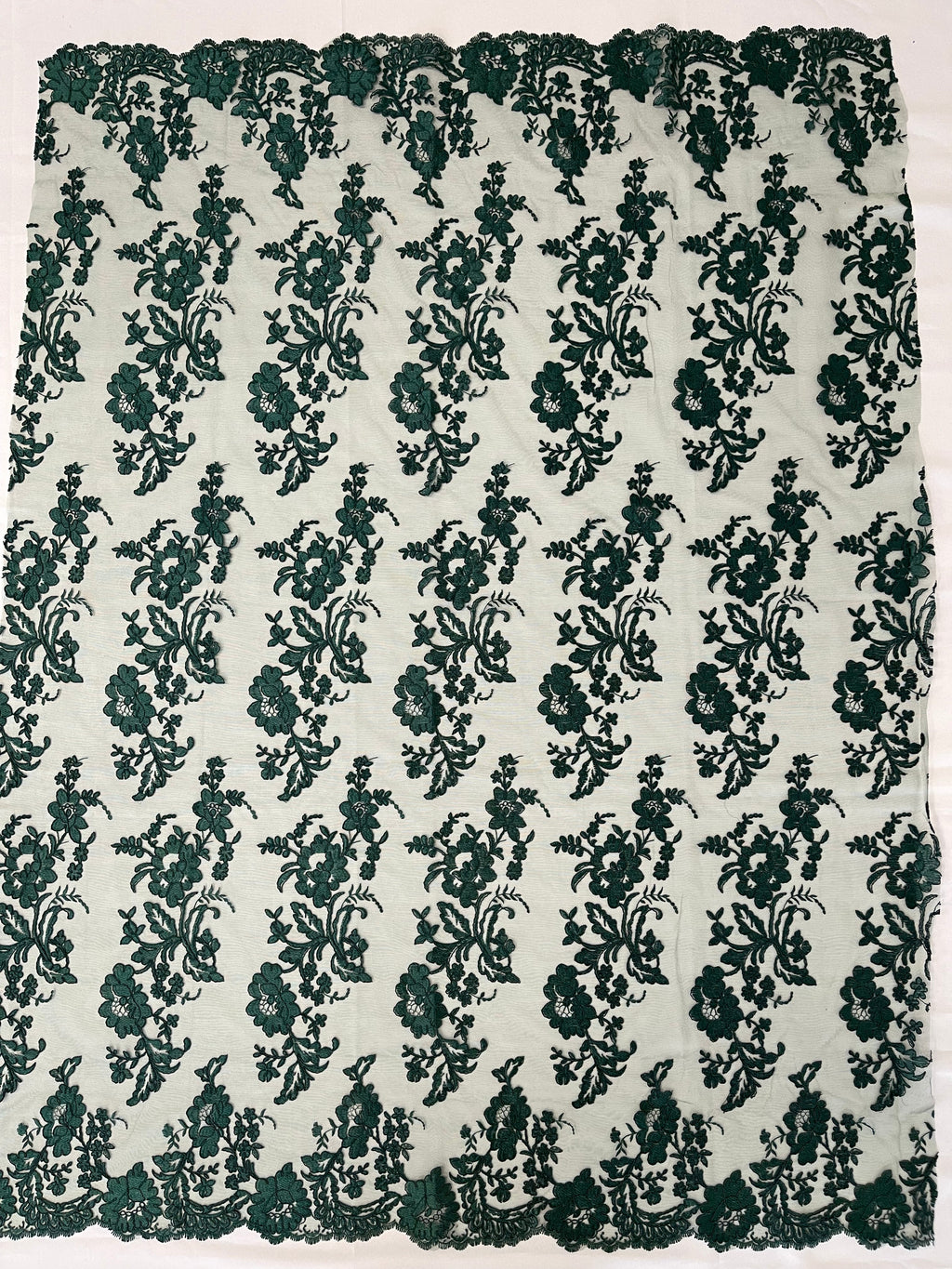 Flower Cluster Fancy Border Fabric - Hunter Green - Embroidered Flower Design on Lace Mesh By Yard