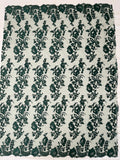 Flower Cluster Fancy Border Fabric - Hunter Green - Embroidered Flower Design on Lace Mesh By Yard