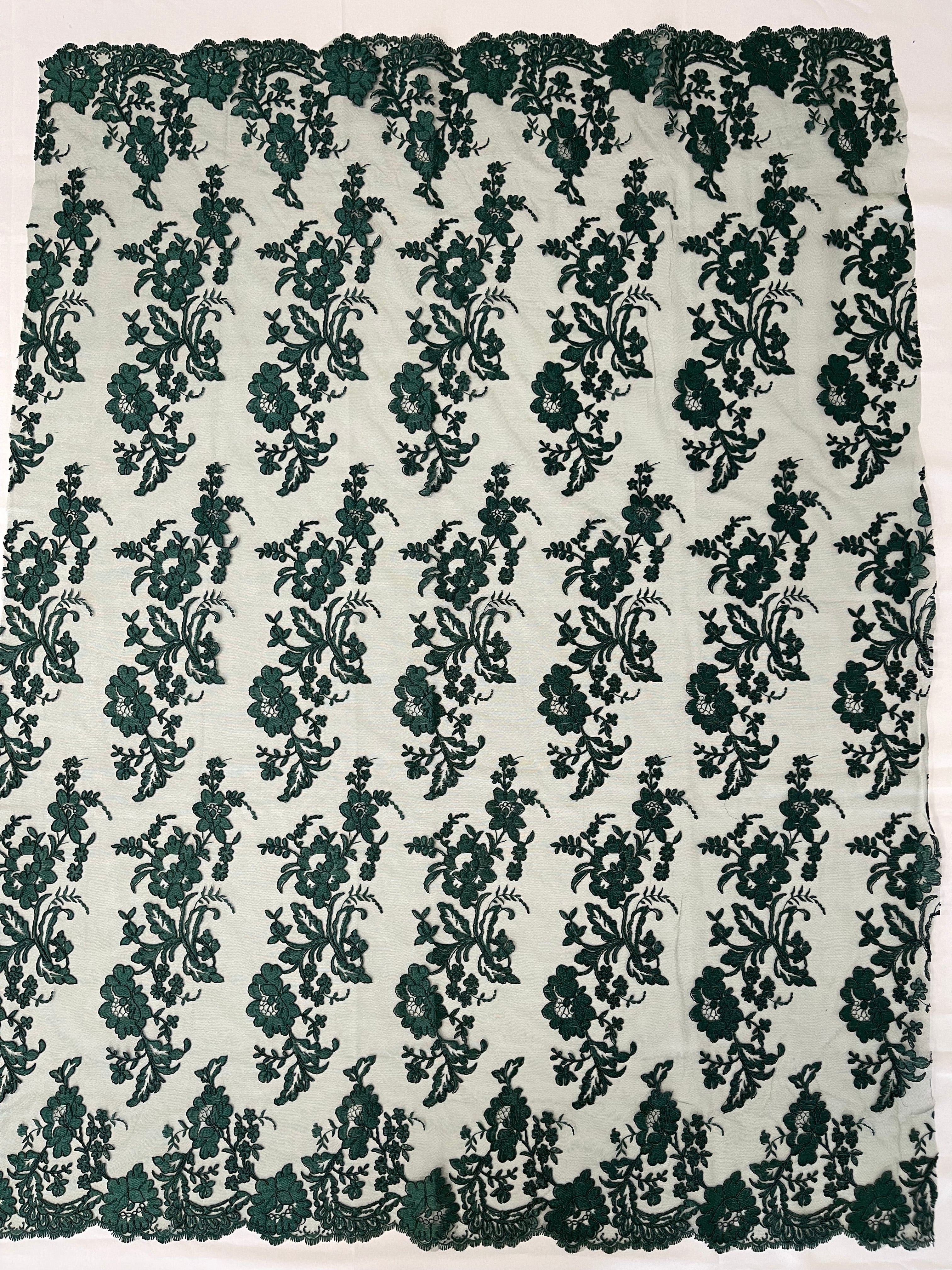 Flower Cluster Fancy Border Fabric - Hunter Green - Embroidered Flower Design on Lace Mesh By Yard