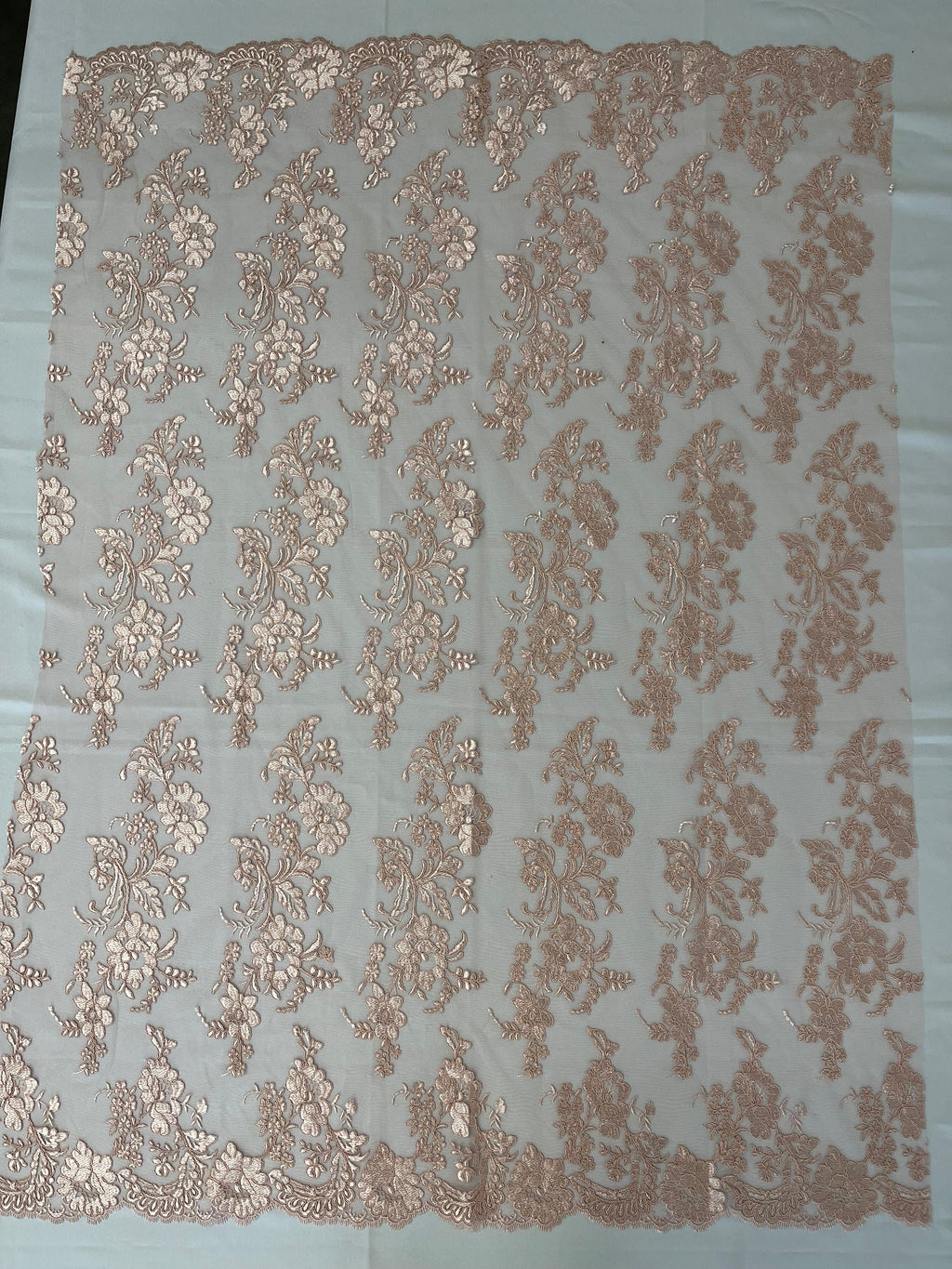 Flower Cluster Fancy Border Fabric - Blush Pink - Embroidered Flower Design on Lace Mesh By Yard