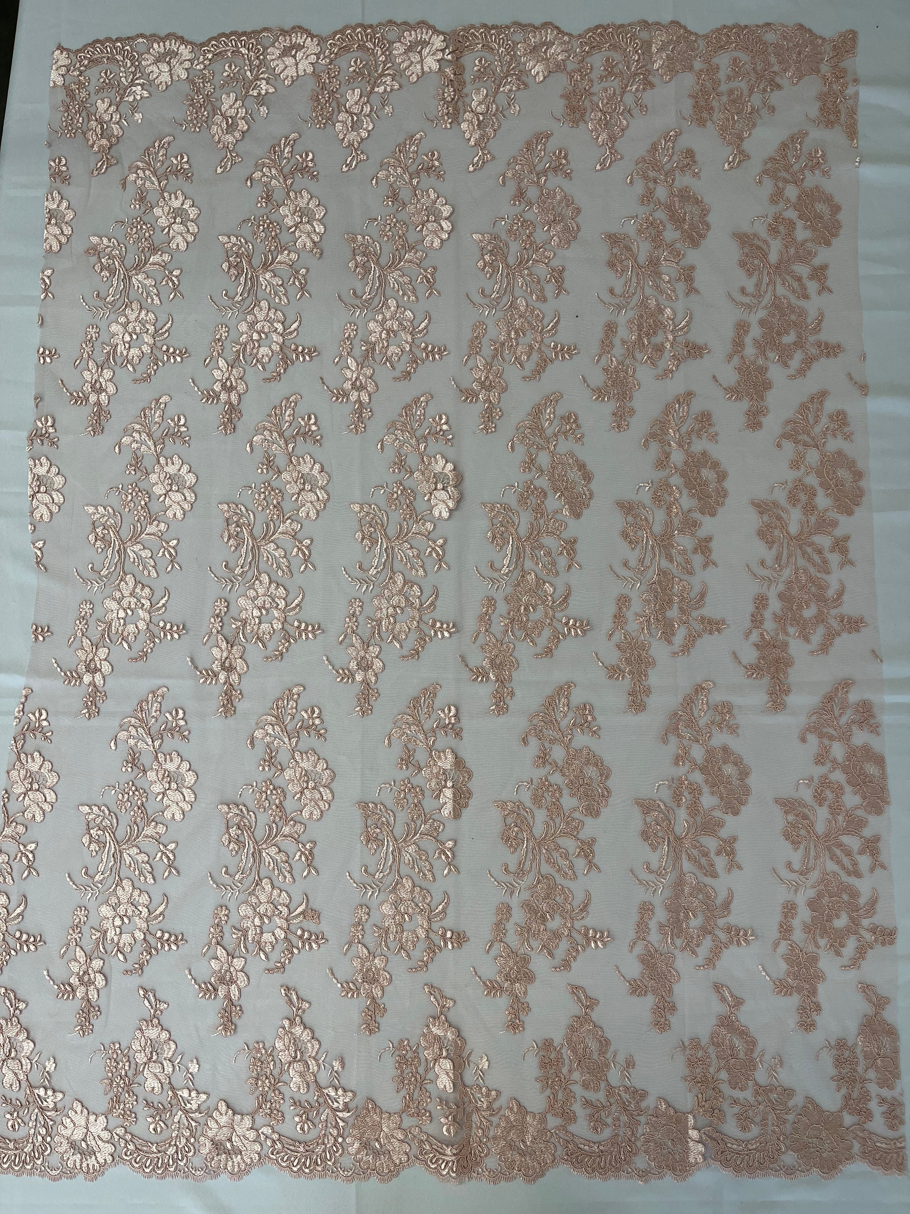 Flower Cluster Fancy Border Fabric - Blush Pink - Embroidered Flower Design on Lace Mesh By Yard