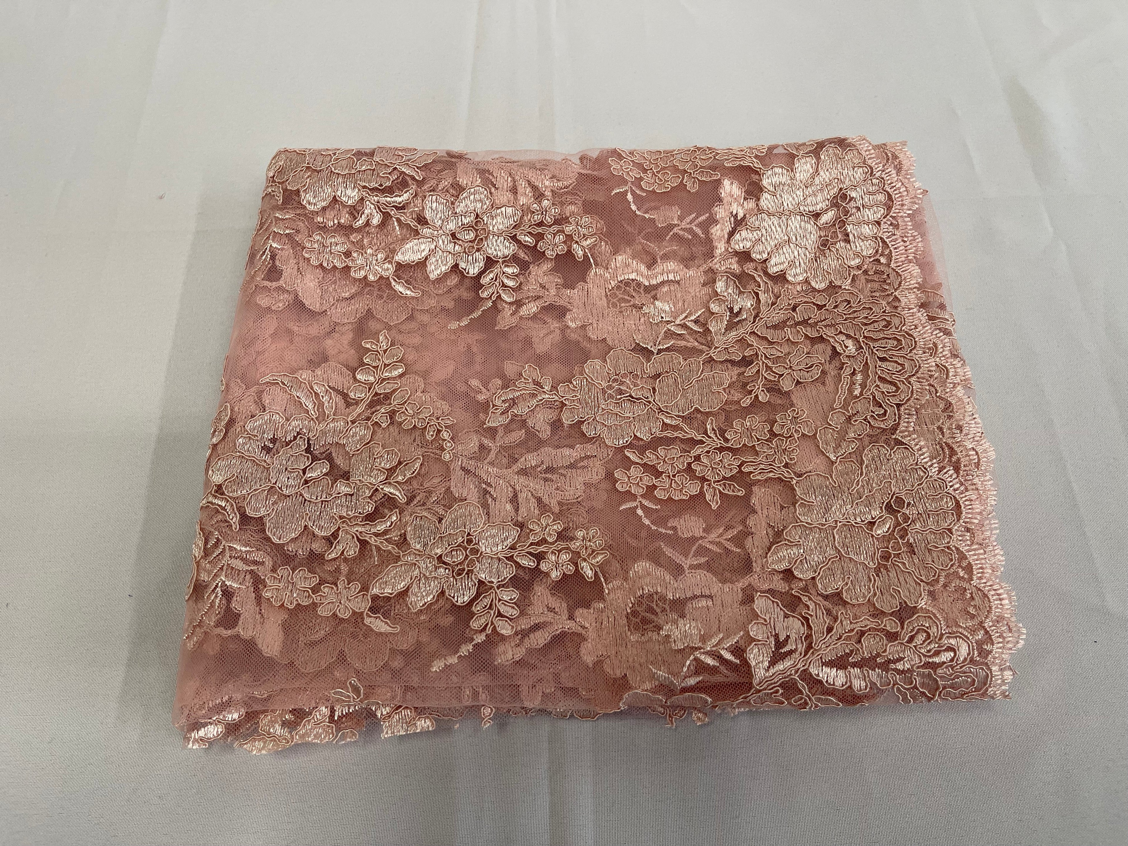 Flower Cluster Fancy Border Fabric - Blush Pink - Embroidered Flower Design on Lace Mesh By Yard