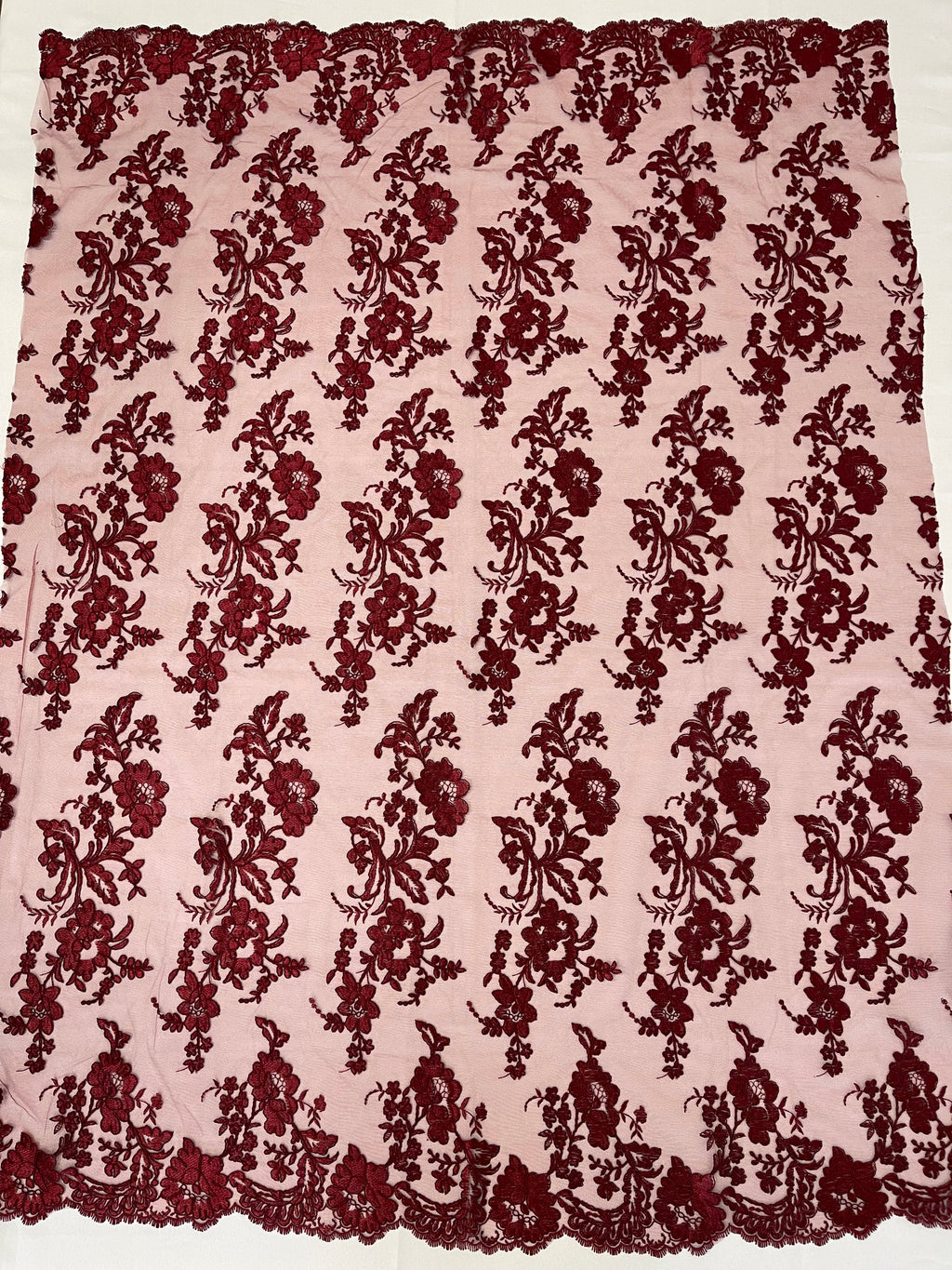 Flower Cluster Fancy Border Fabric - Burgundy - Embroidered Flower Design on Lace Mesh By Yard