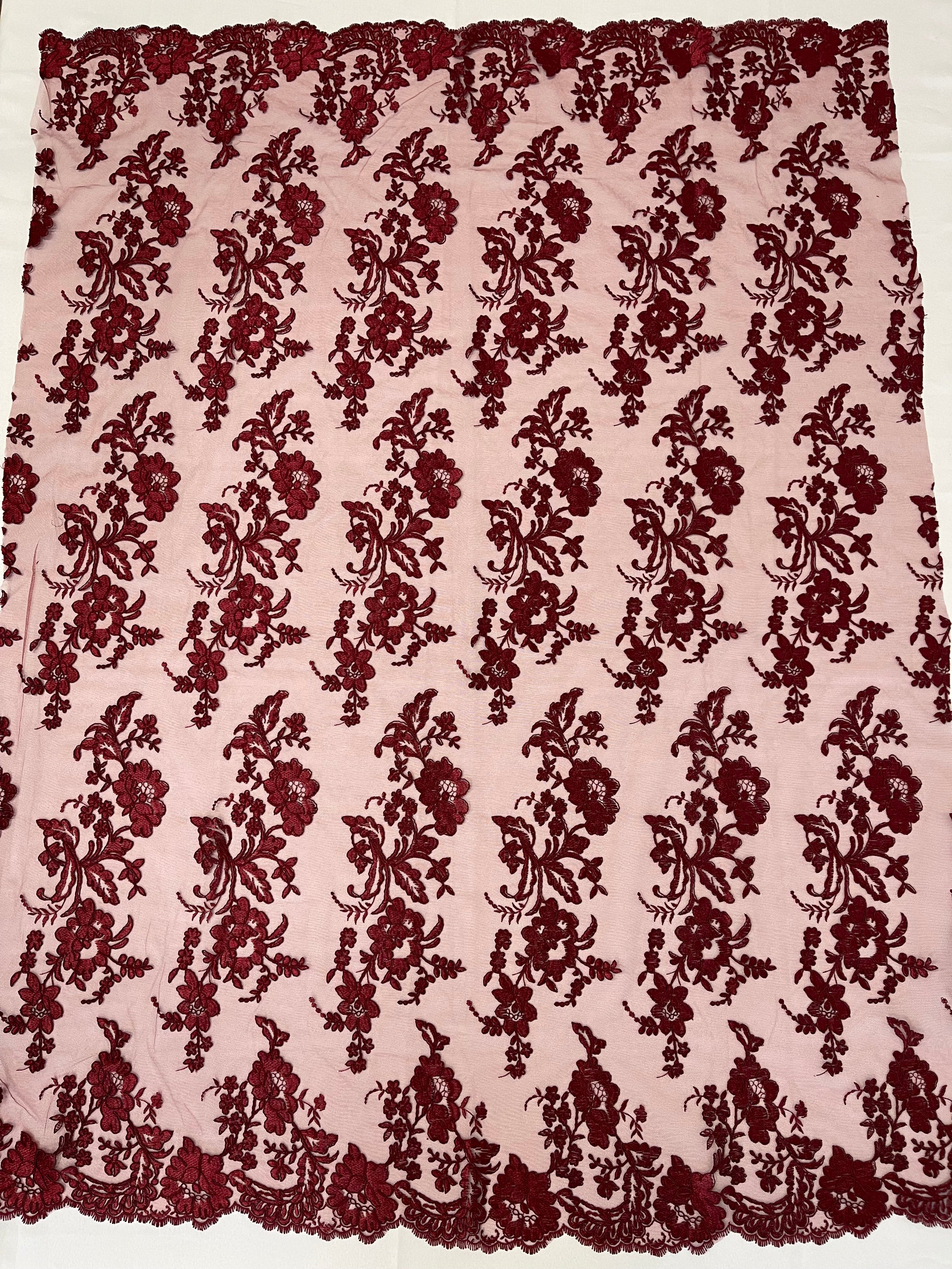 Flower Cluster Fancy Border Fabric - Burgundy - Embroidered Flower Design on Lace Mesh By Yard