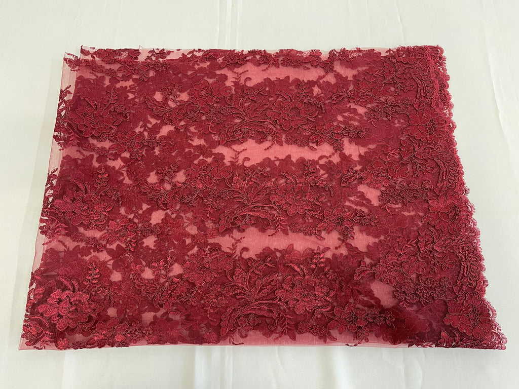 Flower Cluster Fancy Border Fabric - Burgundy - Embroidered Flower Design on Lace Mesh By Yard