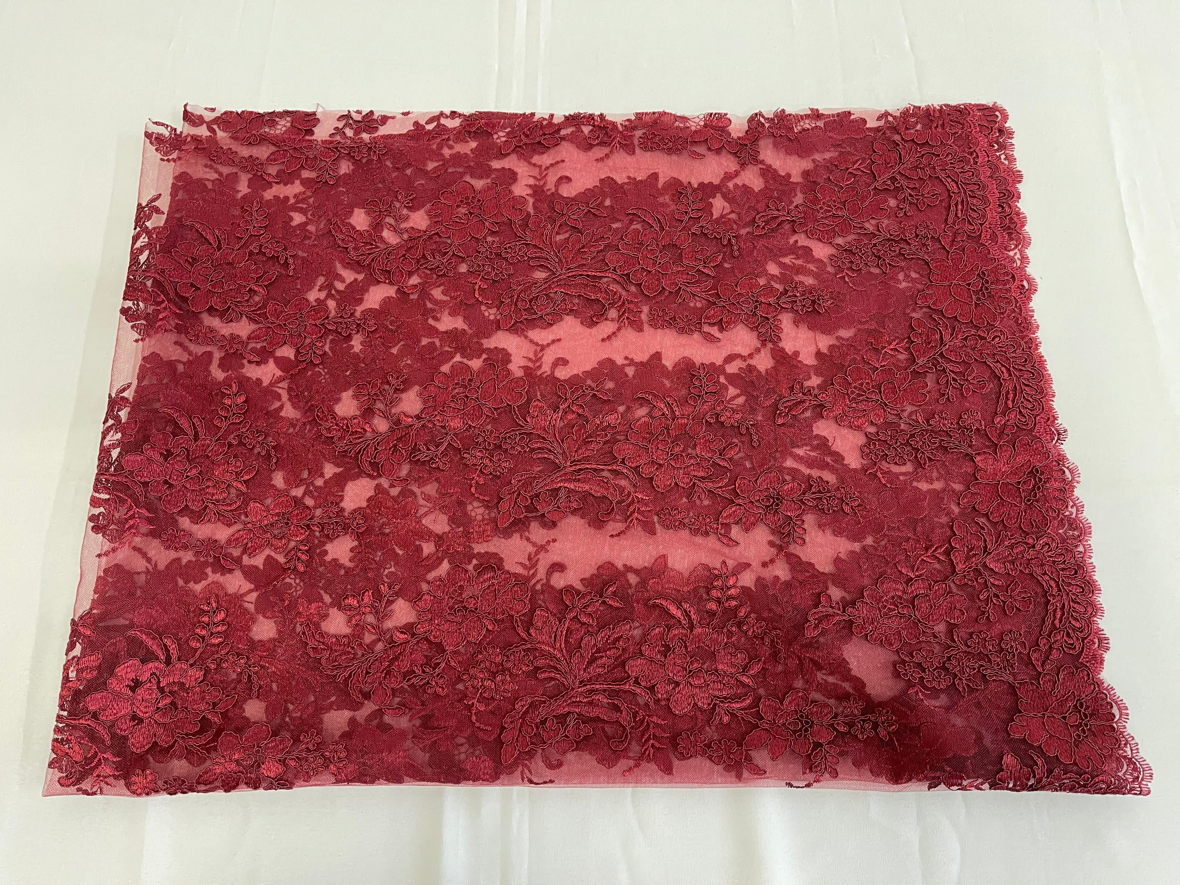 Flower Cluster Fancy Border Fabric - Burgundy - Embroidered Flower Design on Lace Mesh By Yard