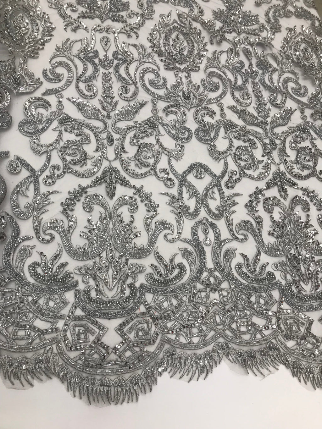 Silver Beaded Fabric 3D Damask Design Embroidered 3D Pattern Design Fabric on Mesh Sold By The Yard