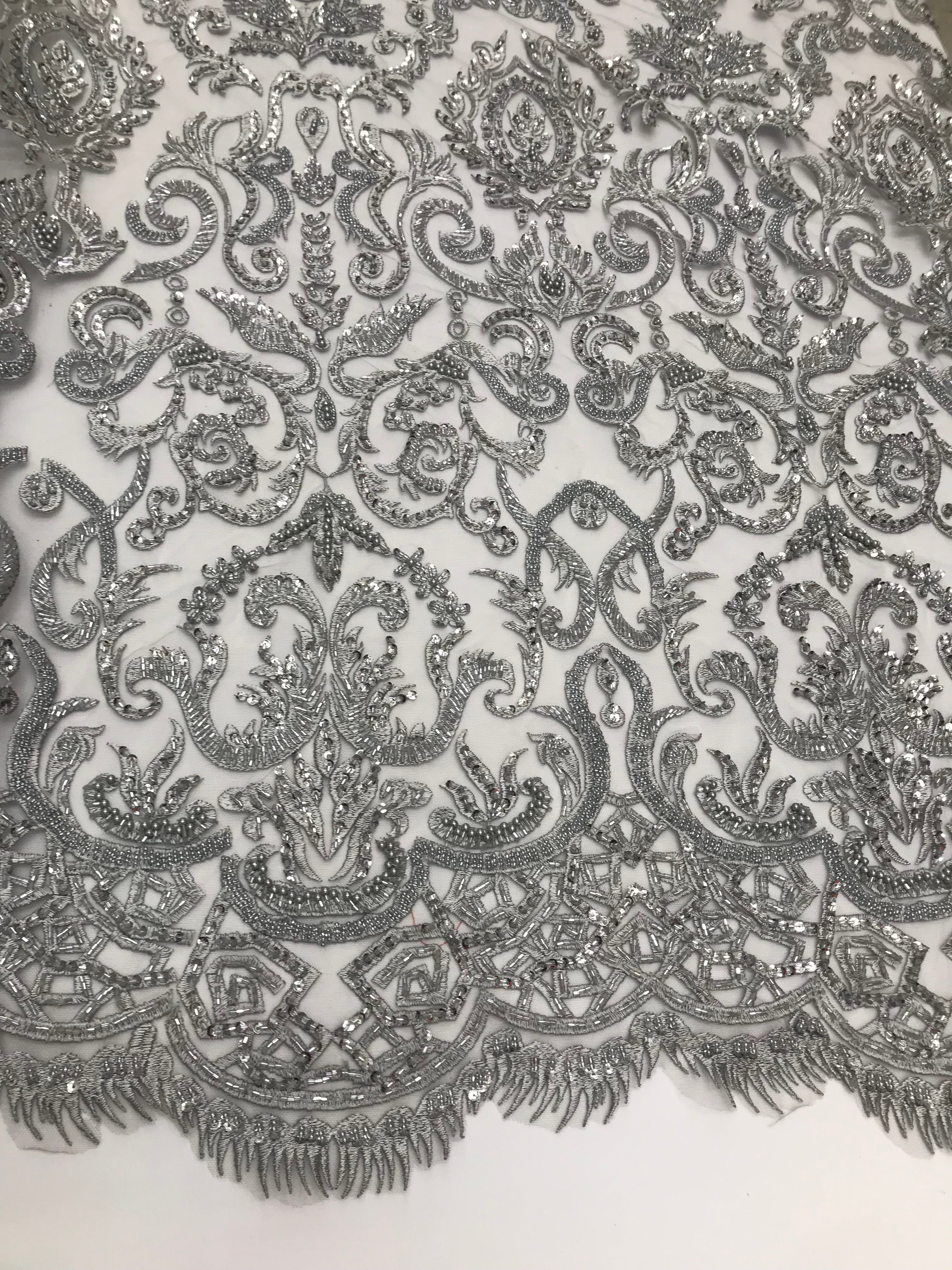 Silver Beaded Fabric 3D Damask Design Embroidered 3D Pattern Design Fabric on Mesh Sold By The Yard