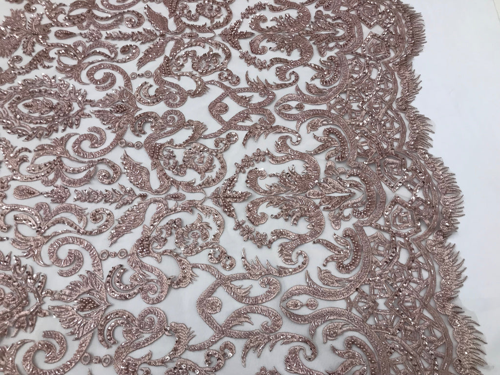 Blush Beaded Fabric 3D Damask Design Embroidered 3D Pattern Design Fabric on Mesh Sold By The Yard