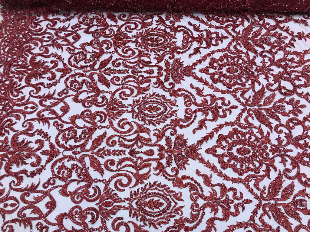 Burgundy Beaded Fabric 3D Damask Design Embroidered 3D Pattern Design Fabric on Mesh By The Yard