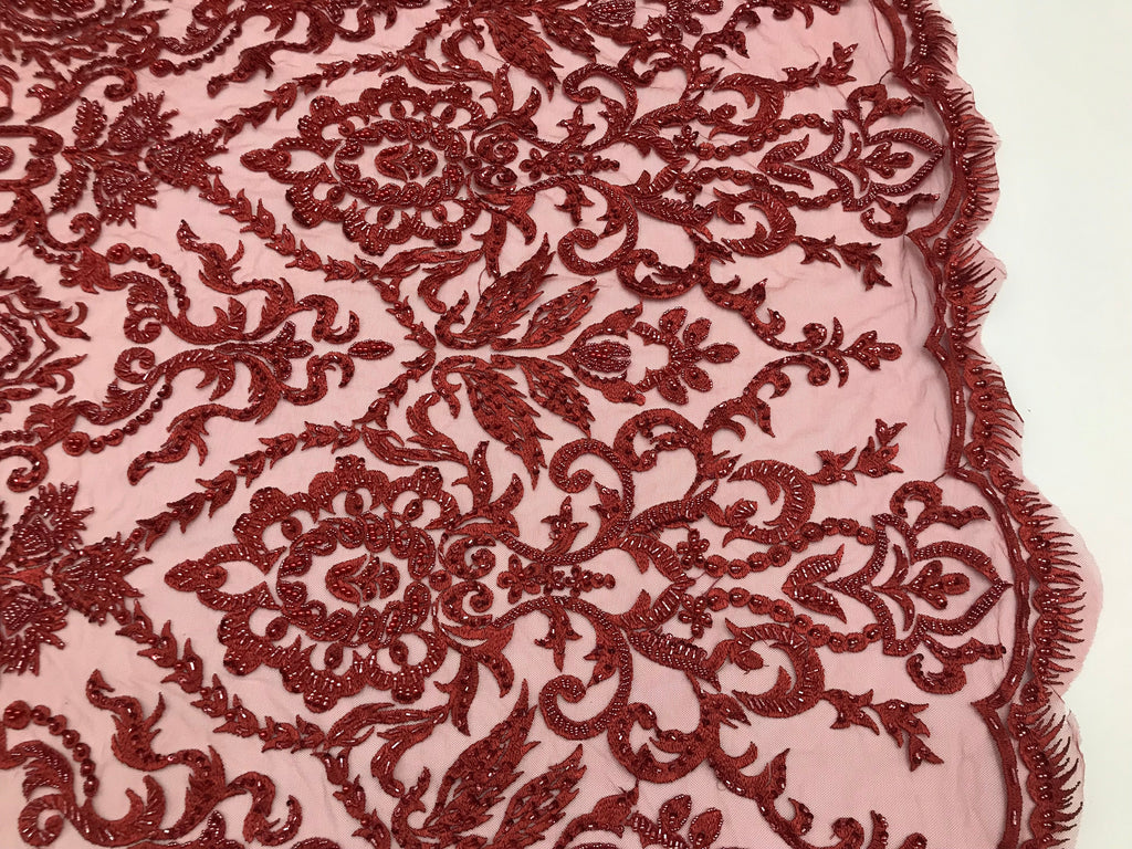 Burgundy Beaded Fabric 3D Damask Design Embroidered 3D Pattern Design Fabric on Mesh By The Yard